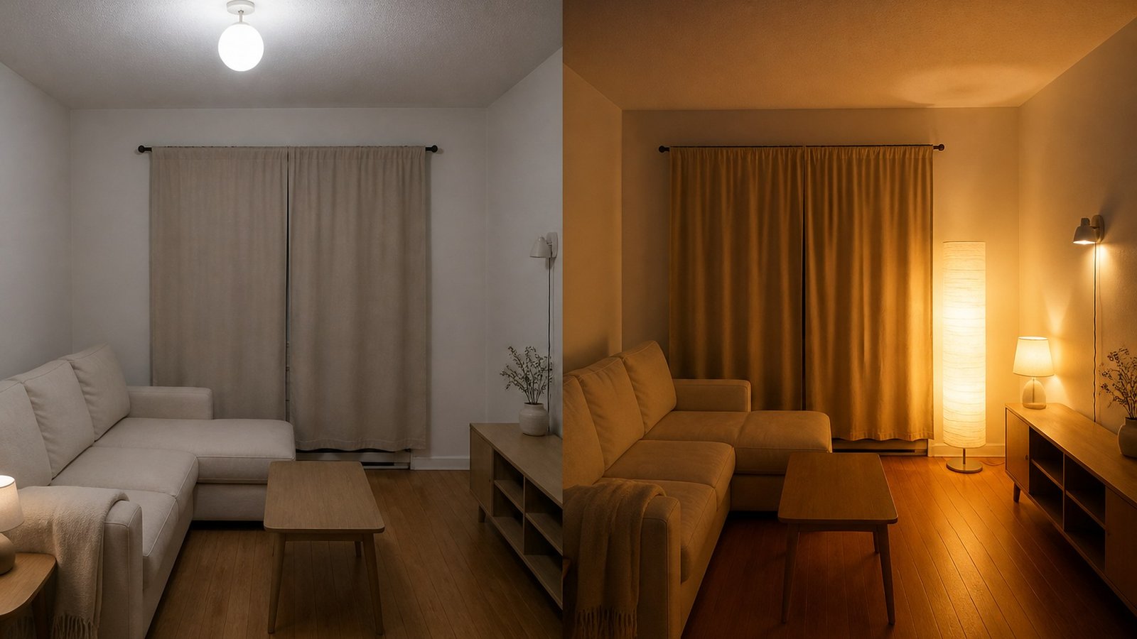 The same small living room: left, a single cool 4000K ceiling globe; right, 2700K floor lamp, table lamp, and plug-in sconce with the overhead off