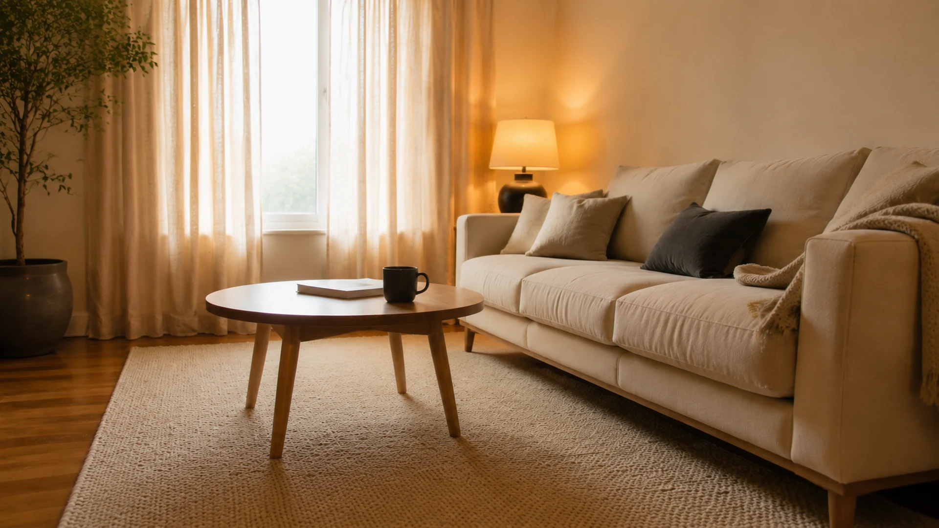 The same small rental living room from the seating island: oat linen to the floor, a cream sofa on legs, a round oak coffee table, and an oatmeal rug under the front of the sofa in warm 2700K light
