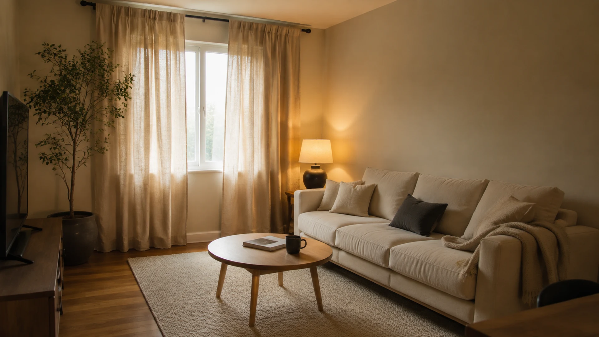 A small rental living room that looks larger: oat linen curtains hung high and wide, a correctly sized oatmeal rug with the cream sofa’s front legs on it, a round oak coffee table on legs, and a charcoal 2700K lamp