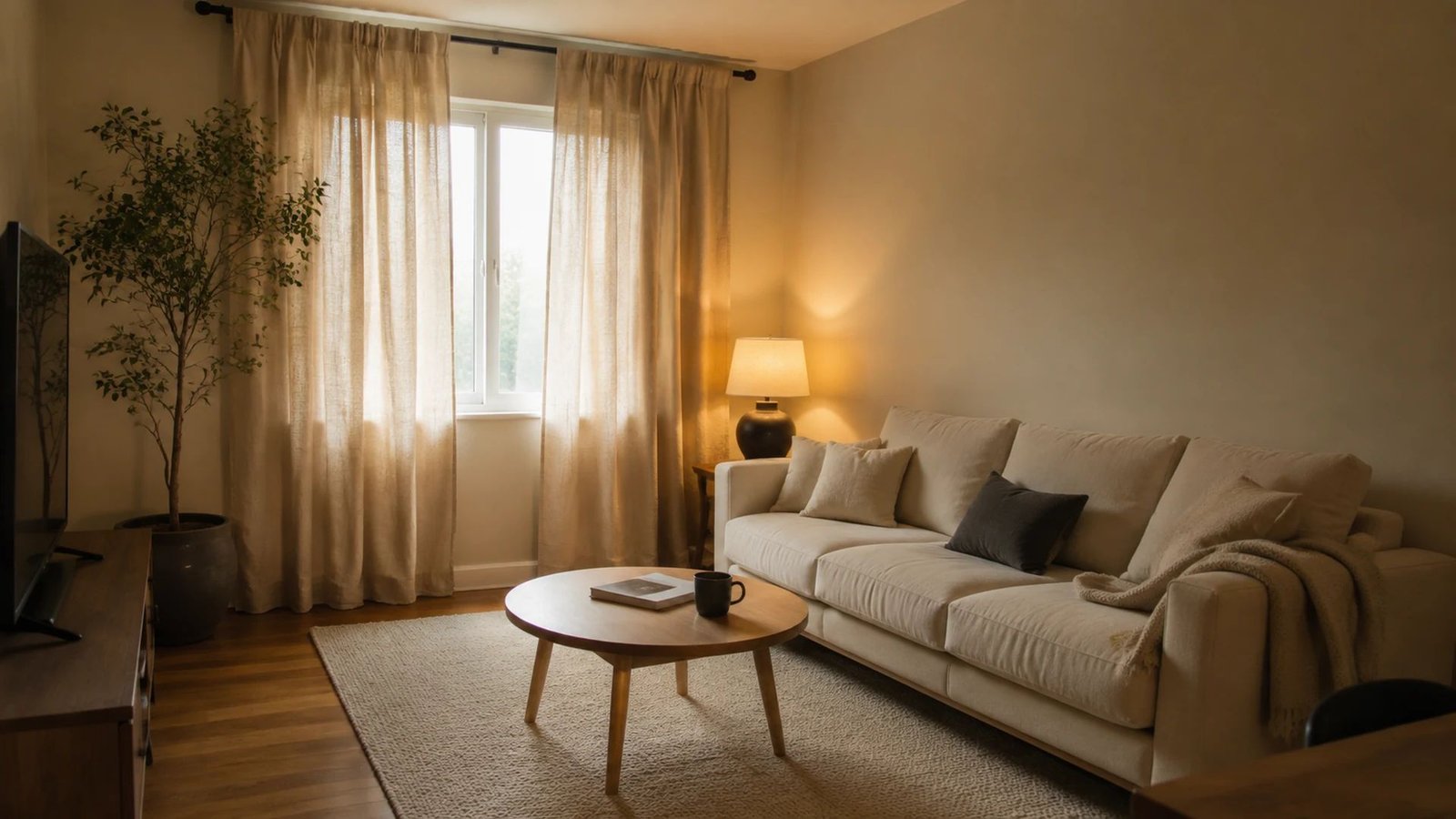 A small rental living room that looks larger: oat linen curtains hung high and wide, a correctly sized oatmeal rug with the cream sofa's front legs on it, a round oak coffee table on legs, and a charcoal 2700K lamp