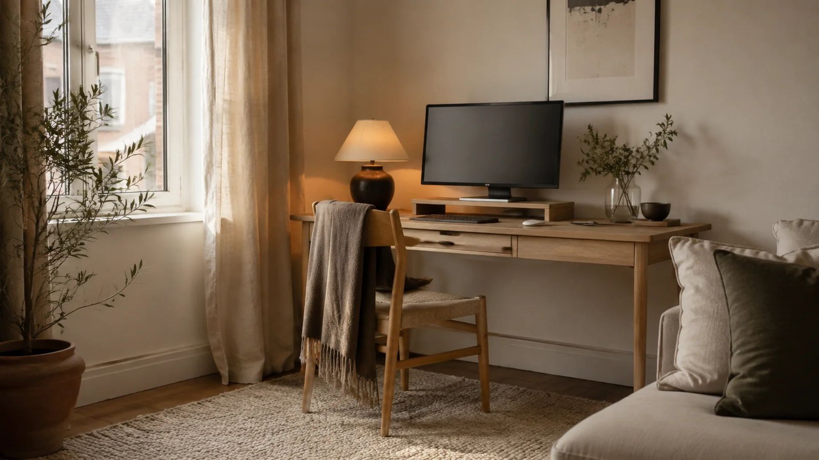 A small rental home office in warm 2700K light: pale oak writing desk, oat linen curtains, charcoal ceramic lamp, one monitor with hidden cables, cream sofa edge