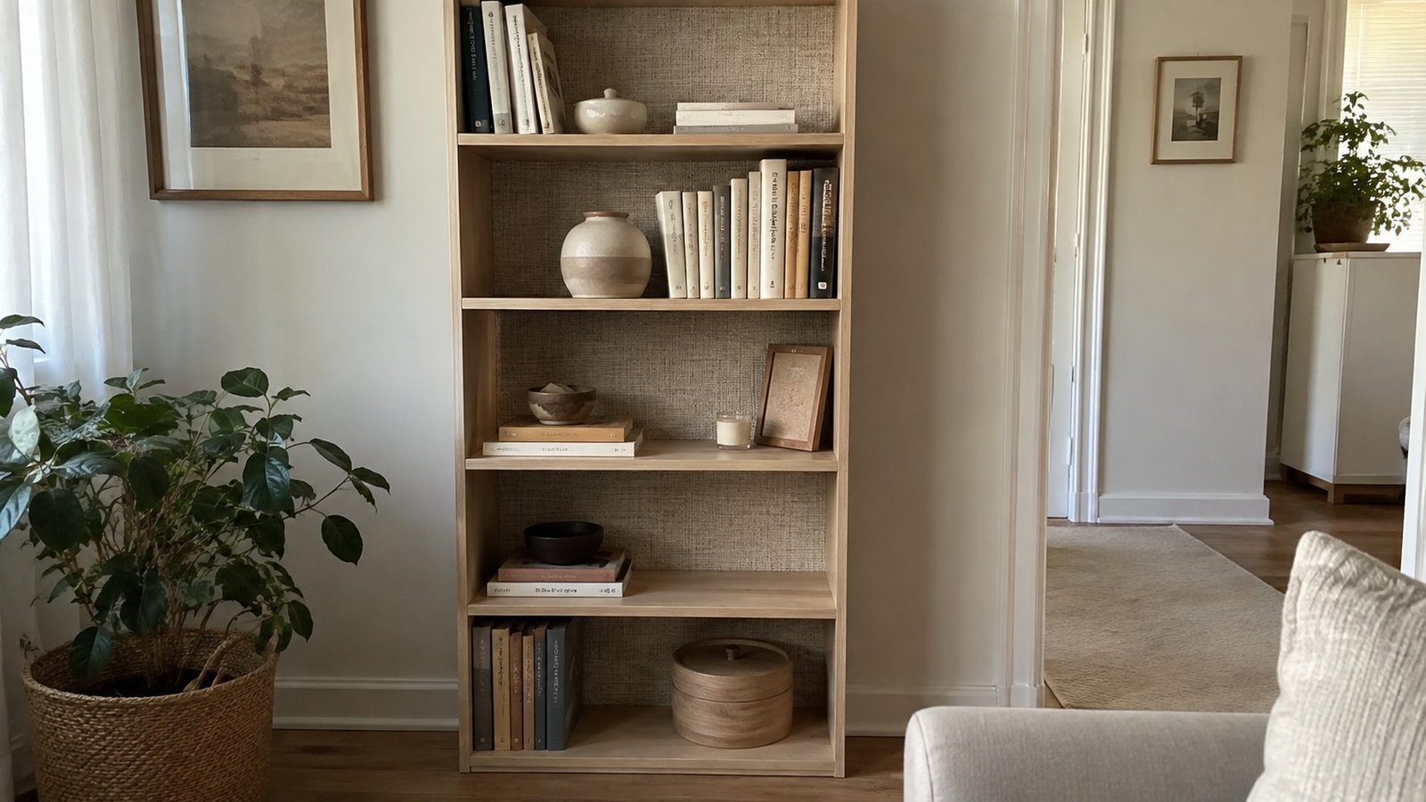 Small rental nook with calm linen-texture peel-and-stick wallpaper on one shallow bookshelf back panel, soft daylight, sage cream and off-white room, lived-in and quiet