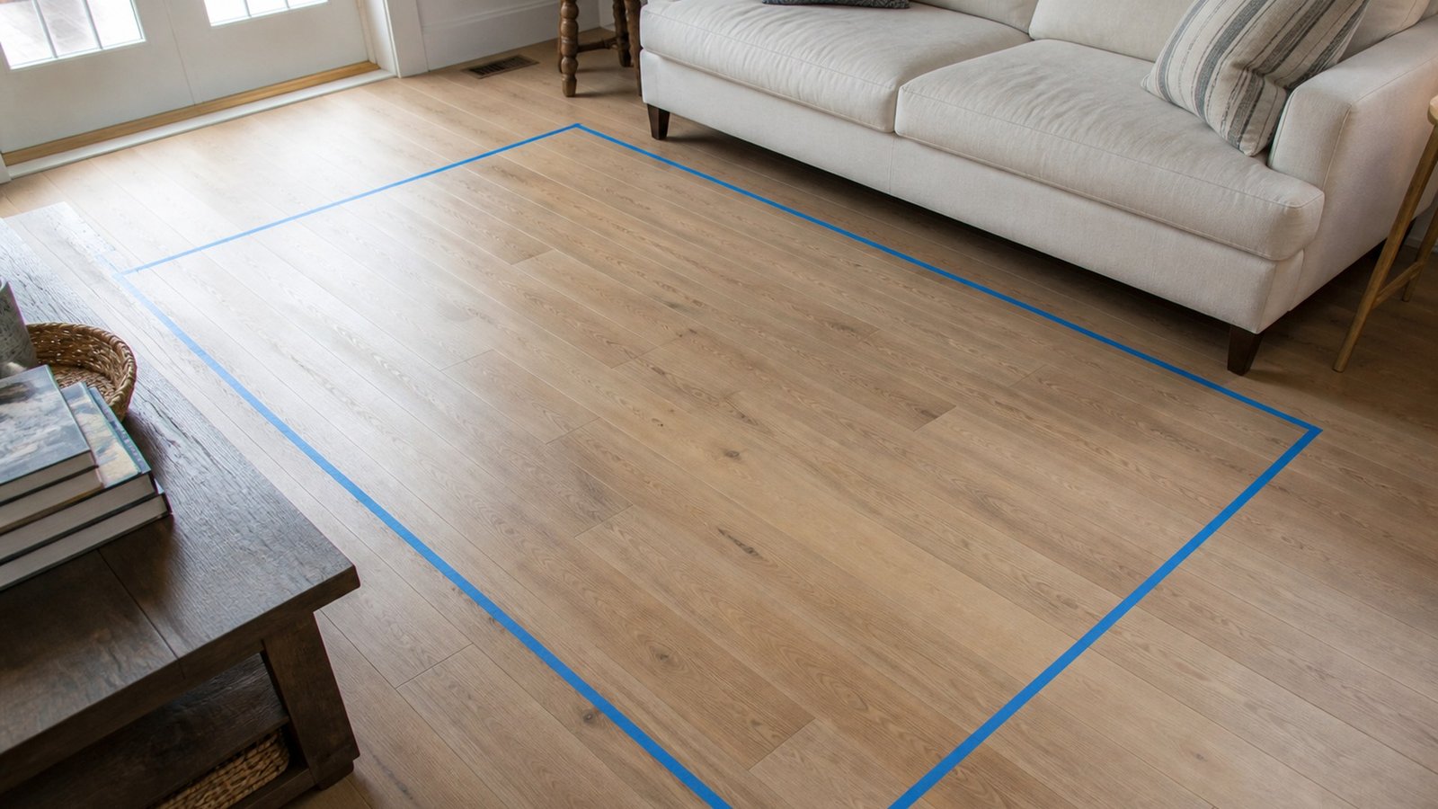Painter’s tape marking a large rug rectangle on pale oak floor in front of a cream sofa, coffee table at the edge of the frame