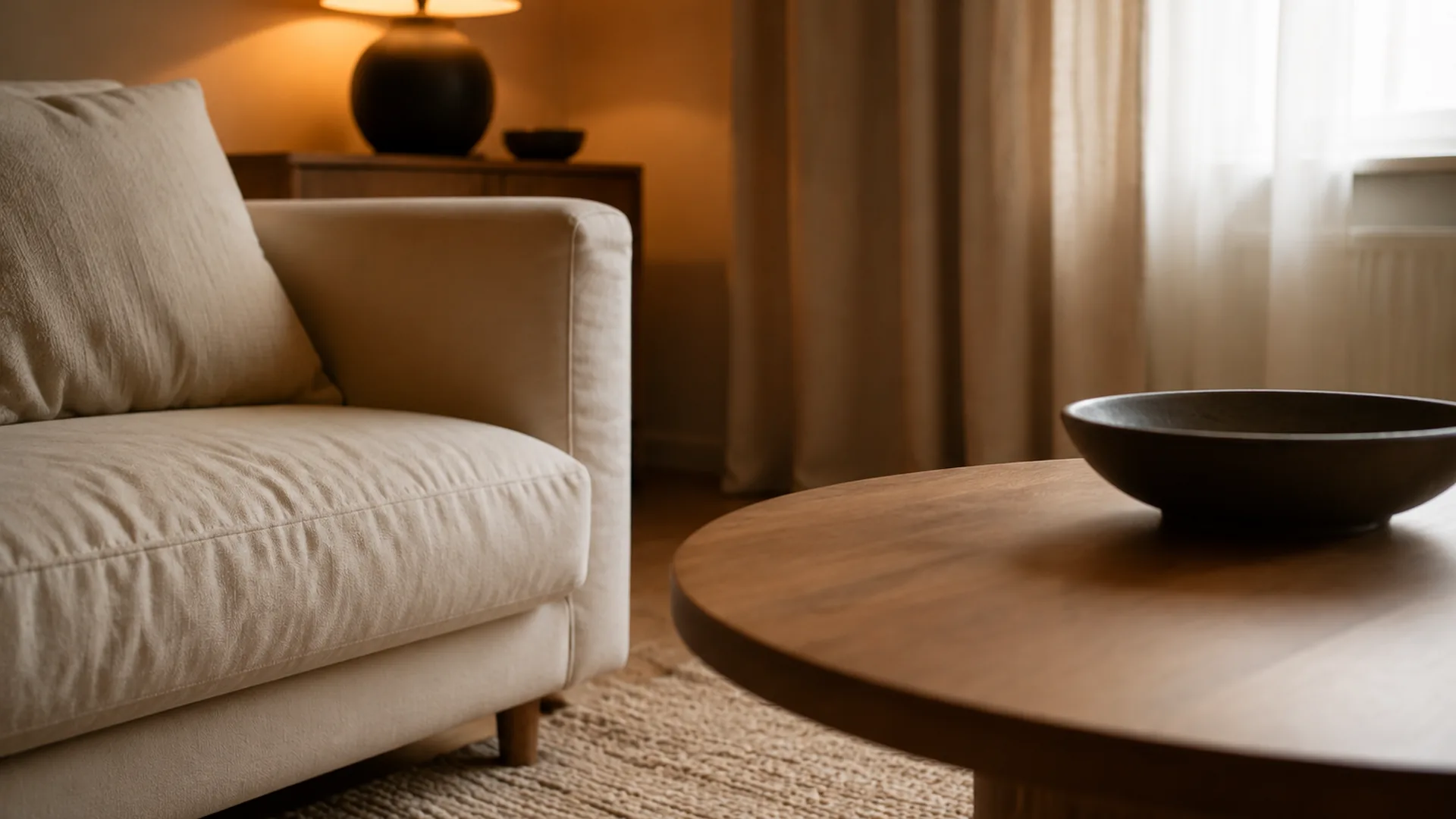 Close view of oat linen, a mid-oak table edge, a low wool rug, and one dark ceramic lamp base in a small living room