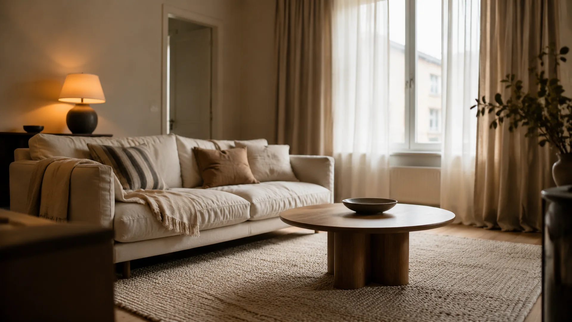 A small warm Scandinavian rental living room: oat linen curtains, cream sofa with front legs on a wool rug, oak coffee table, charcoal lamp at 2700K, not a white box