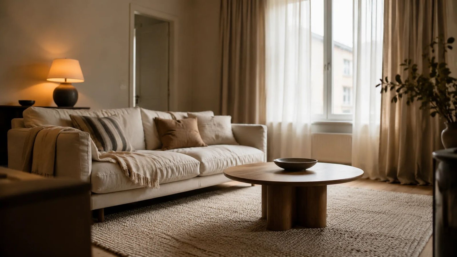 A small warm Scandinavian rental living room: oat linen curtains, cream sofa with front legs on a wool rug, oak coffee table, charcoal lamp at 2700K, not a white box