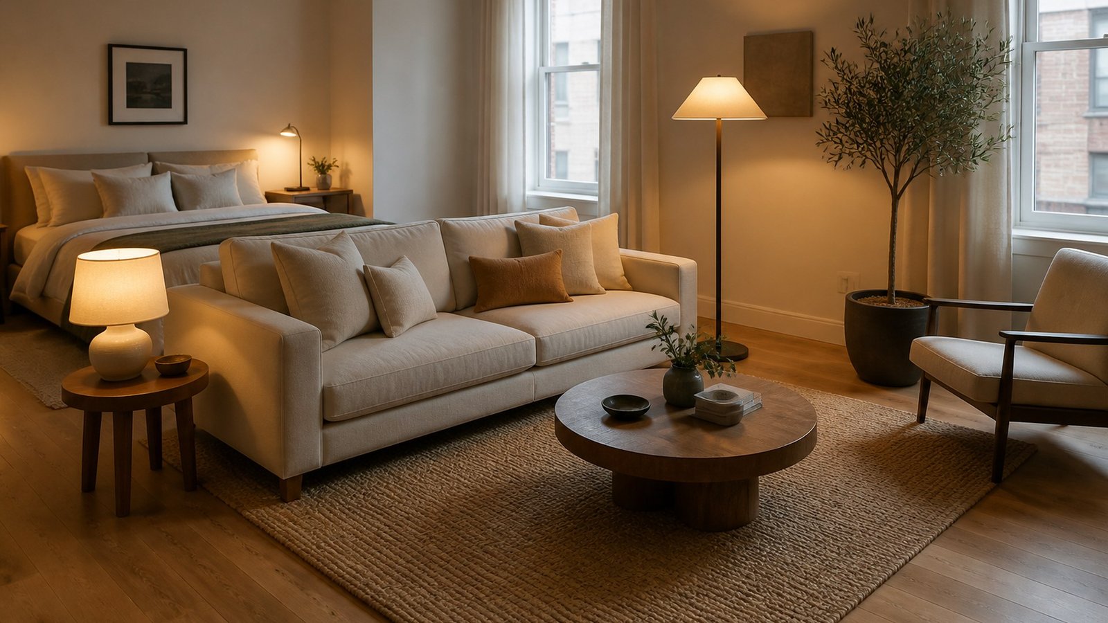 Overhead view of a studio sitting zone: oat rug rectangle with a loveseat’s front legs on the rug, round coffee table fully on it, bare oak floor between the rug edge and a full bed