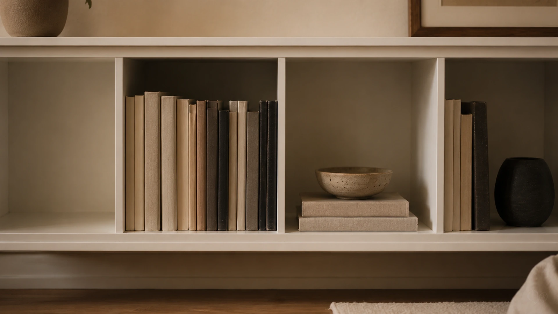 Straight-on view of four shallow white bookcase cubbies: one empty, one with vertical oat and charcoal books, one with two stacked books and a ceramic bowl, one with a few books and a small dark object