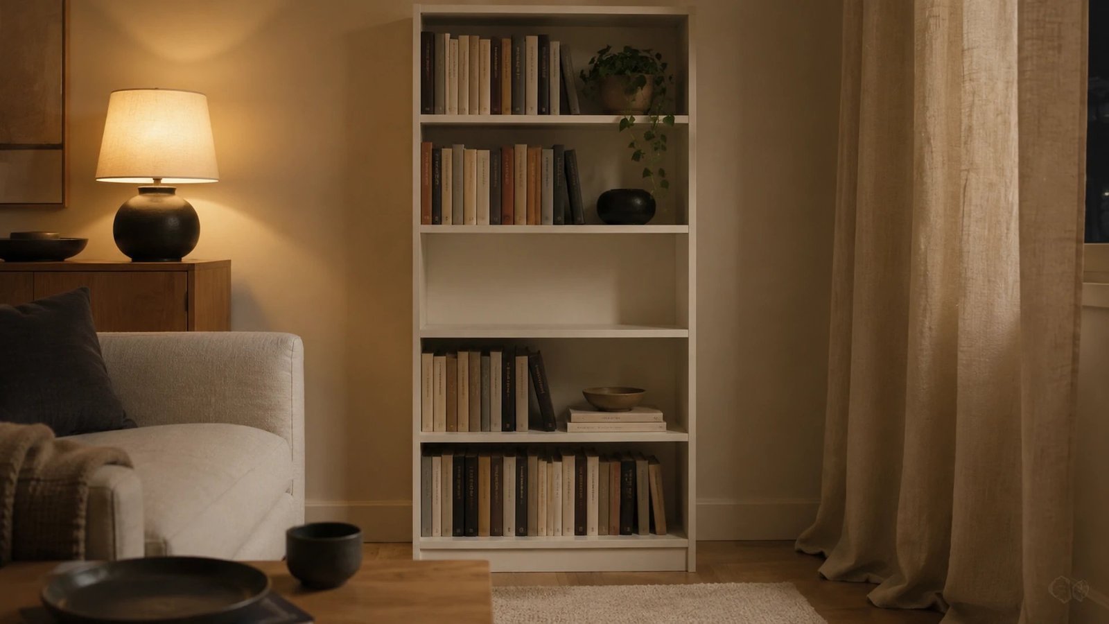 A small rental living room with a shallow white bookcase styled calmly: vertical oat and charcoal books, one empty cubby, a ceramic bowl on two stacked books, a small plant, and a dark object in warm 2700K light