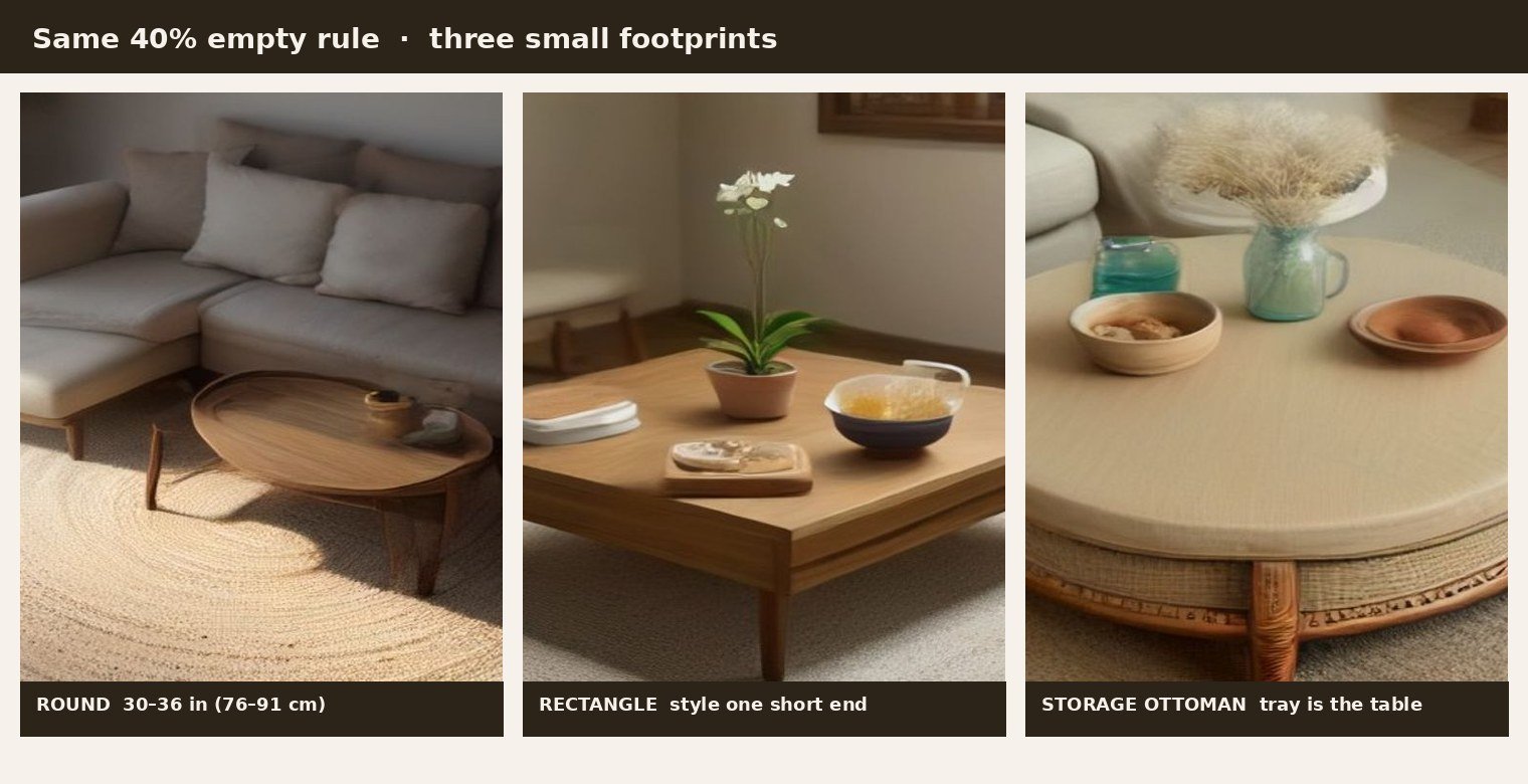 Three small coffee tables in a row — round, compact rectangle, and storage ottoman — each with 40 percent of the surface left empty and the same tray, bowl, and stem recipe