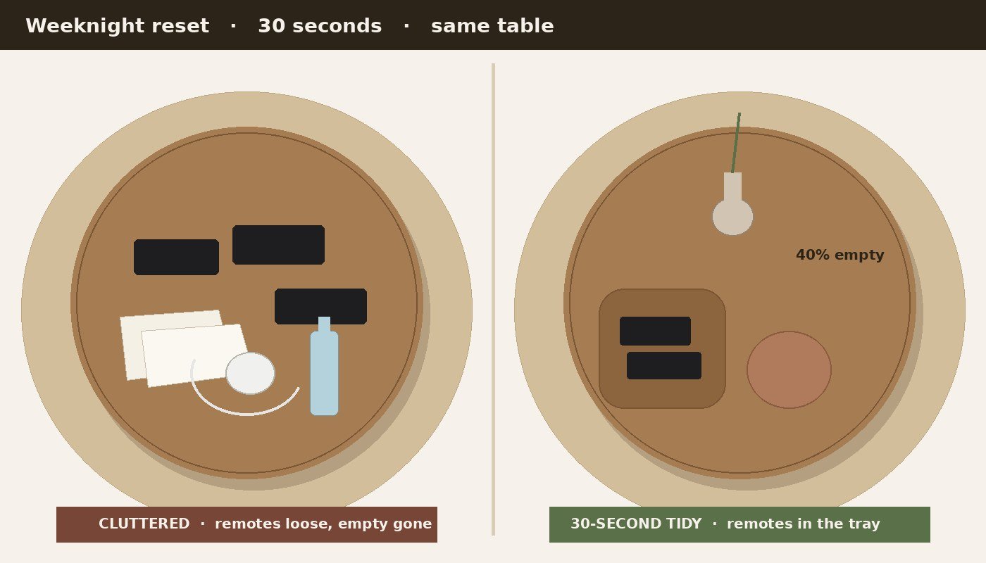 Split view of the same small coffee table: left cluttered with remotes and mail, right after a 30-second tidy with remotes in the tray and 40 percent of the top empty