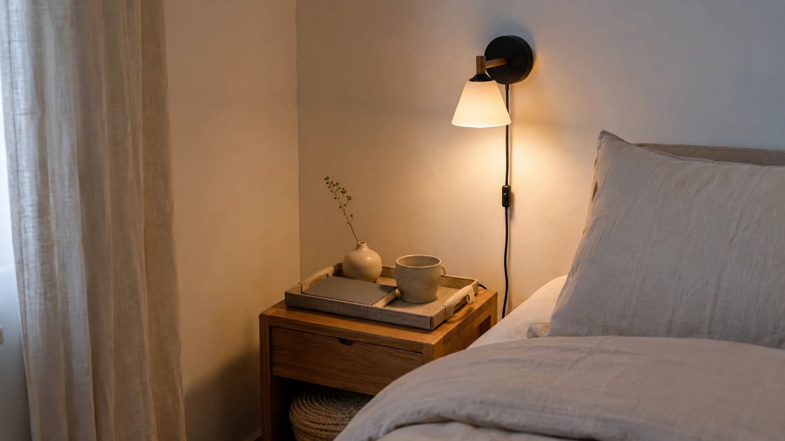 Tiny rental nightstand about 16 inches wide styled with a tray, one book, and one ceramic object, warm plug-in sconce on the wall beside the bed, charging cord routed neatly down the back