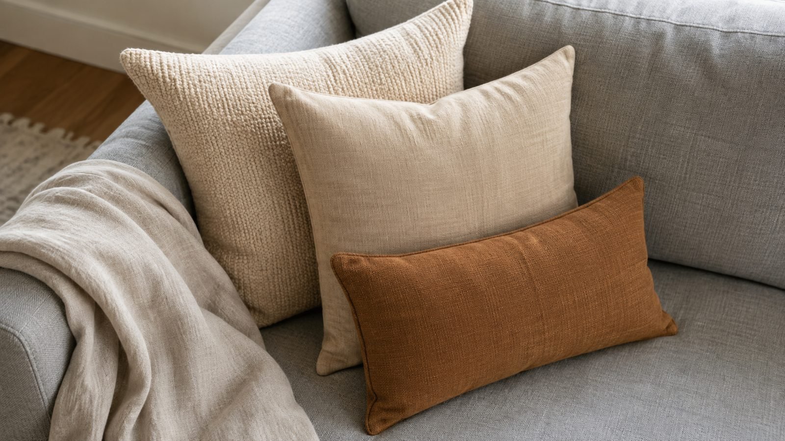 Close view of three pillows on a grey rental sofa: 20 inch square at the back, 18 inch square in front, and a 12 by 20 inch lumbar, with an oat linen throw draped on the arm