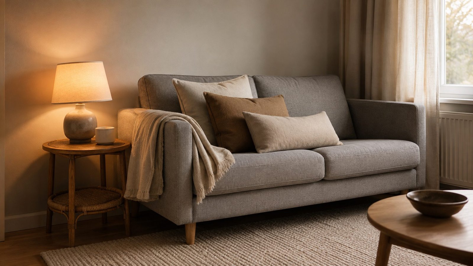 Small rental living room with a landlord grey sofa warmed by an oat linen throw, three pillows in 20 inch, 18 inch, and lumbar sizes, a 2700K lamp at one arm, oak side table, and the sofa front legs on a soft rug in daylight