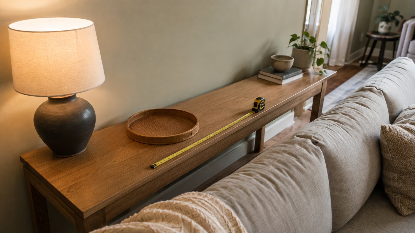 Tape measure showing 12 inch console depth and 30 inch pass-through walk behind a sofa in a rental, lamp and tray on the top with empty third clear, cream wall, soft daylight