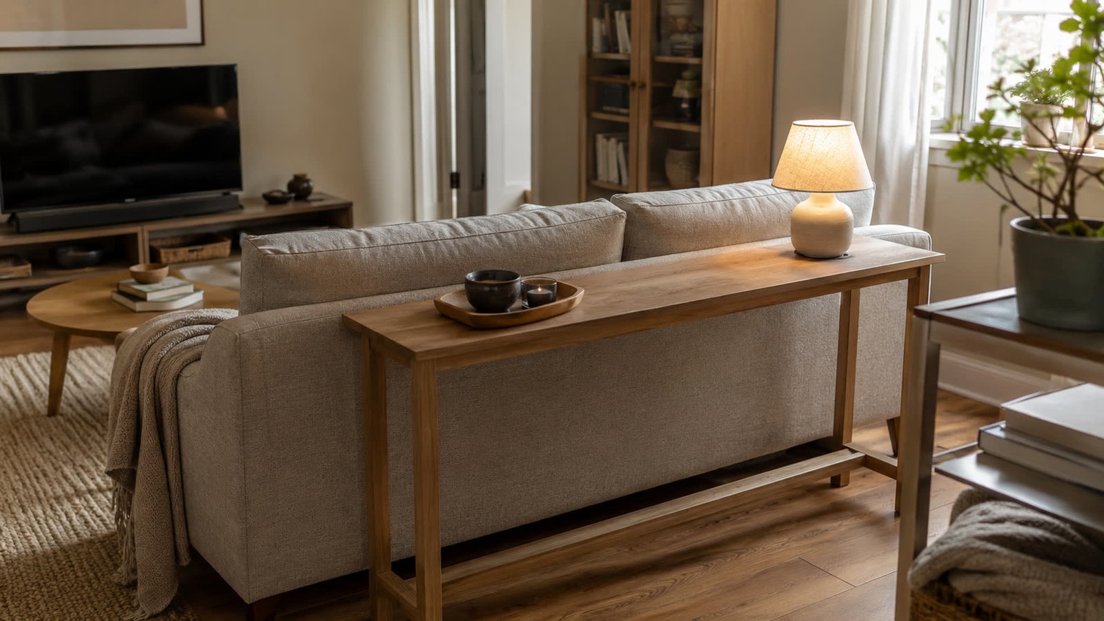 12 inch deep oak console behind a small warm-grey sofa in a rental living room, lamp at one end, tray, empty third of the top, 30 inch walkway taped on wood floor, sage cream walls, soft daylight, lived-in