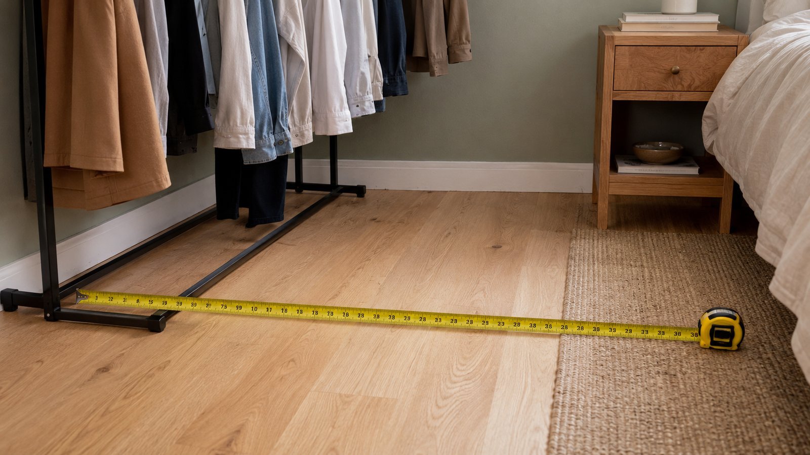 Yellow tape measure on a rental bedroom floor showing about 36 in (91 cm) clear walkway in front of a freestanding clothing rail with hanging clothes, cream sage wall, soft daylight