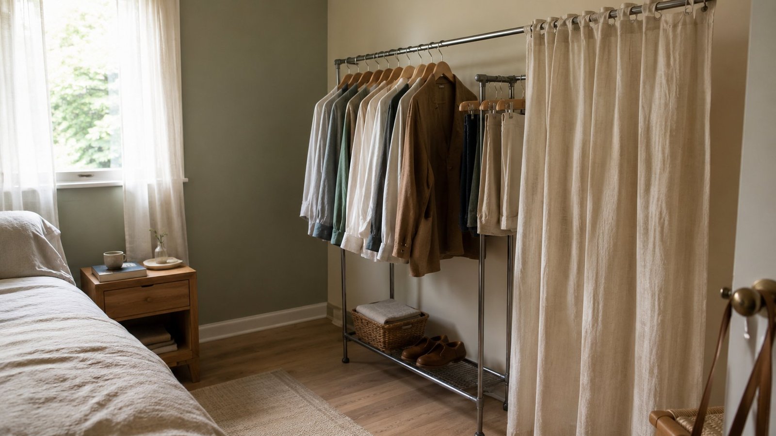 Small rental bedroom with freestanding clothing rail along the long wall, about 36 in clear walkway in front, cream linen curtain hung 4-6 in ahead of the rail partially open, cream sage walls, wood floor, soft daylight, lived-in