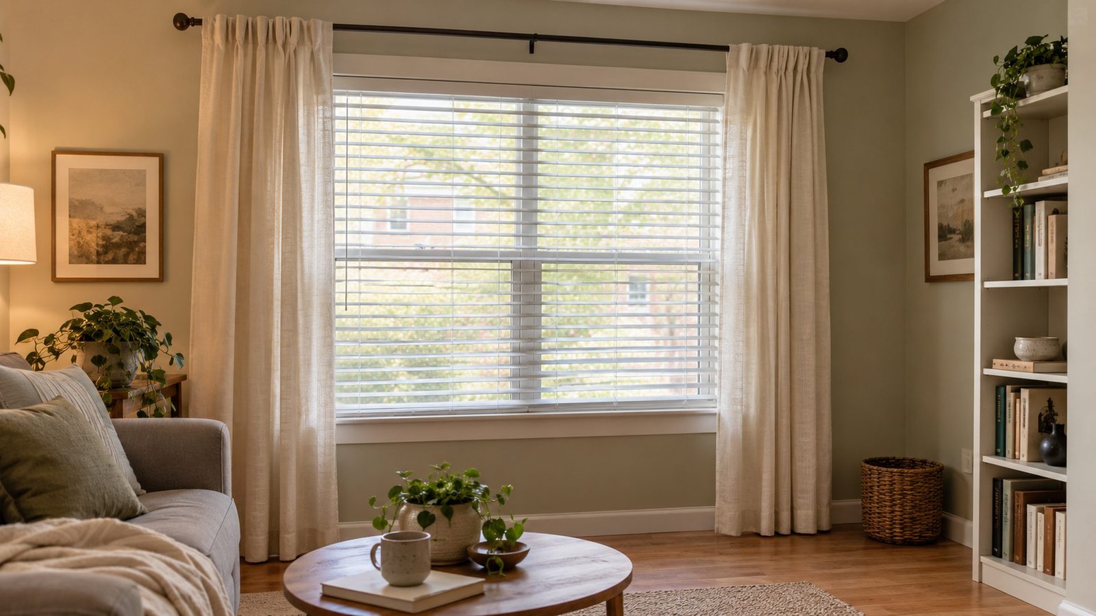 curtain rod return depth rental: cream sage living room with outside-mount rod projecting 3.5–6 in past landlord blinds, panels clearing headrail, wood floor, soft daylight, lived-in