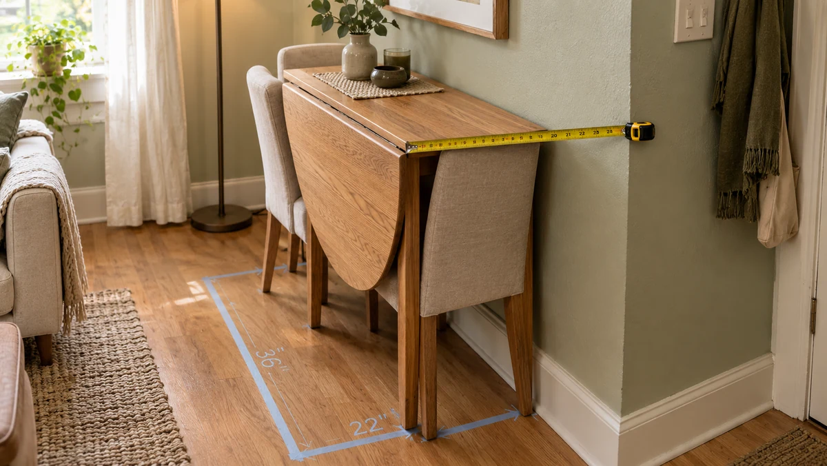 tape measure on folded oak drop-leaf showing store depth ≤24 in (61 cm) and daily top about 36×22 in in cream sage rental with wood floor