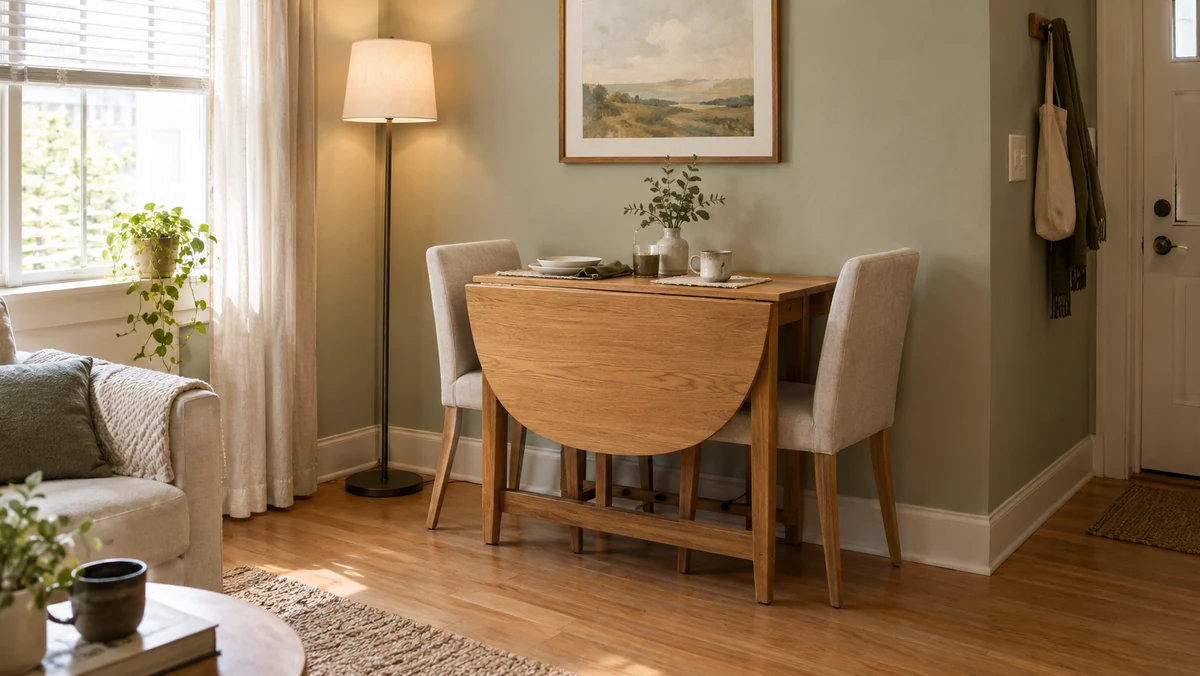 drop leaf dining table rental: cream sage apartment with oak drop-leaf folded to about 22 in deep against wall, two armless chairs tucked, wood floor, soft daylight, lived-in, tape hint of ≤24 in store depth
