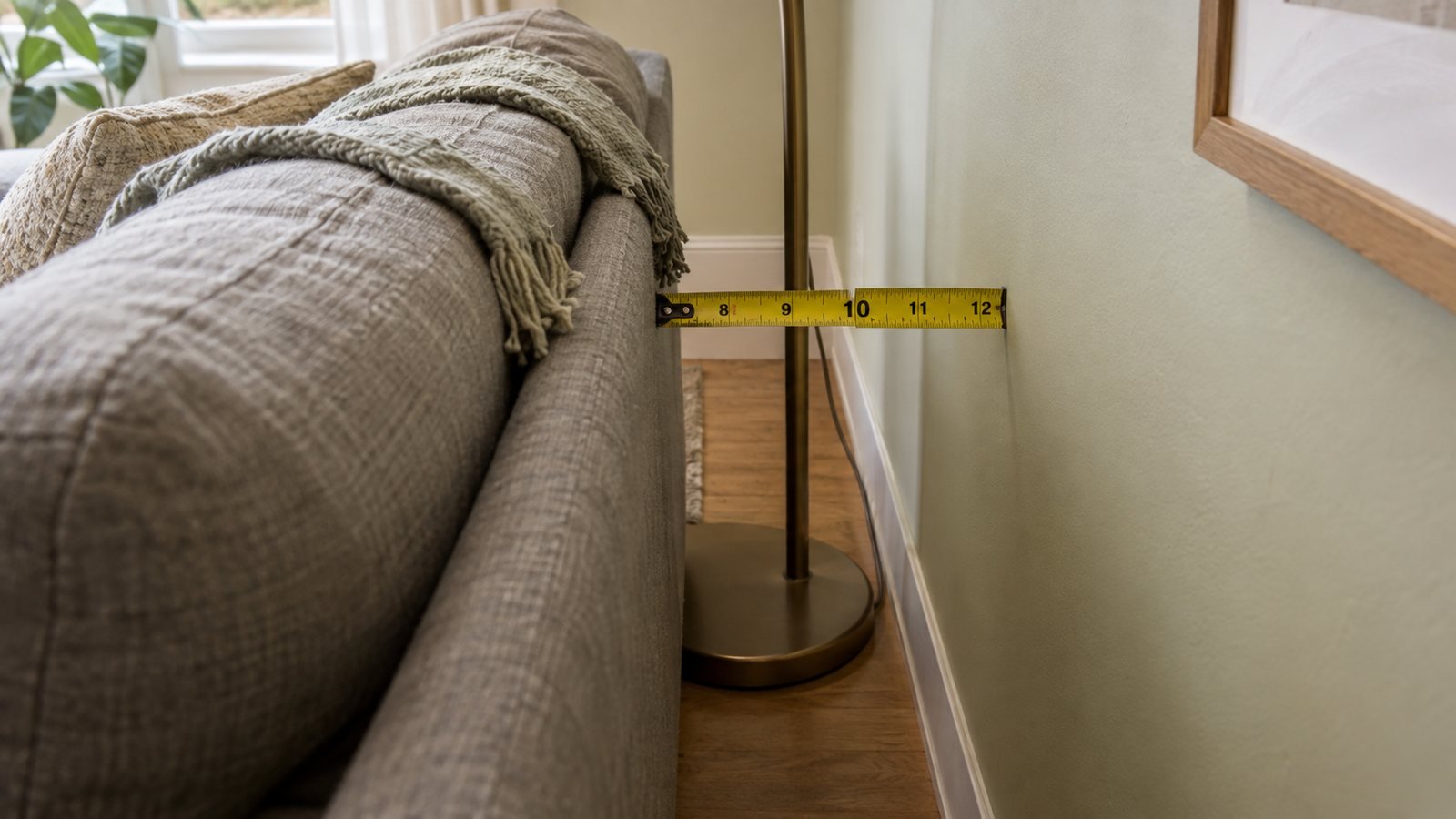 Yellow tape measure showing about 58–66 in arc height or an 8–12 in sofa-back clearance with a slim lamp base under 10 in, cream sage rental wall, soft daylight