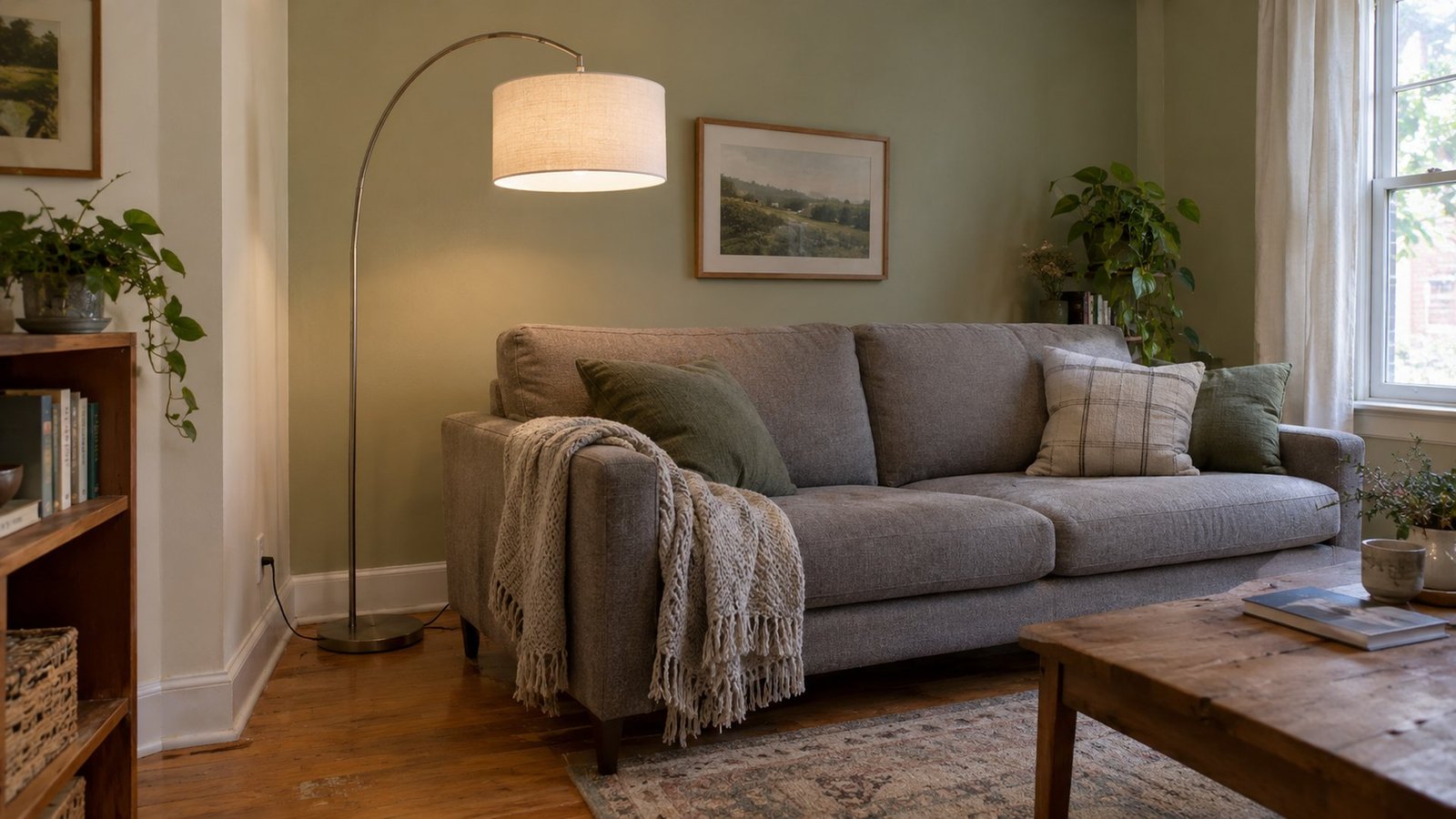 floor lamp behind sofa rental: 58–66 in arc shade over a warm grey sofa with slim base under 10 in in an 8–12 in sofa-back gap, cream sage walls, wood floor, soft daylight, lived-in