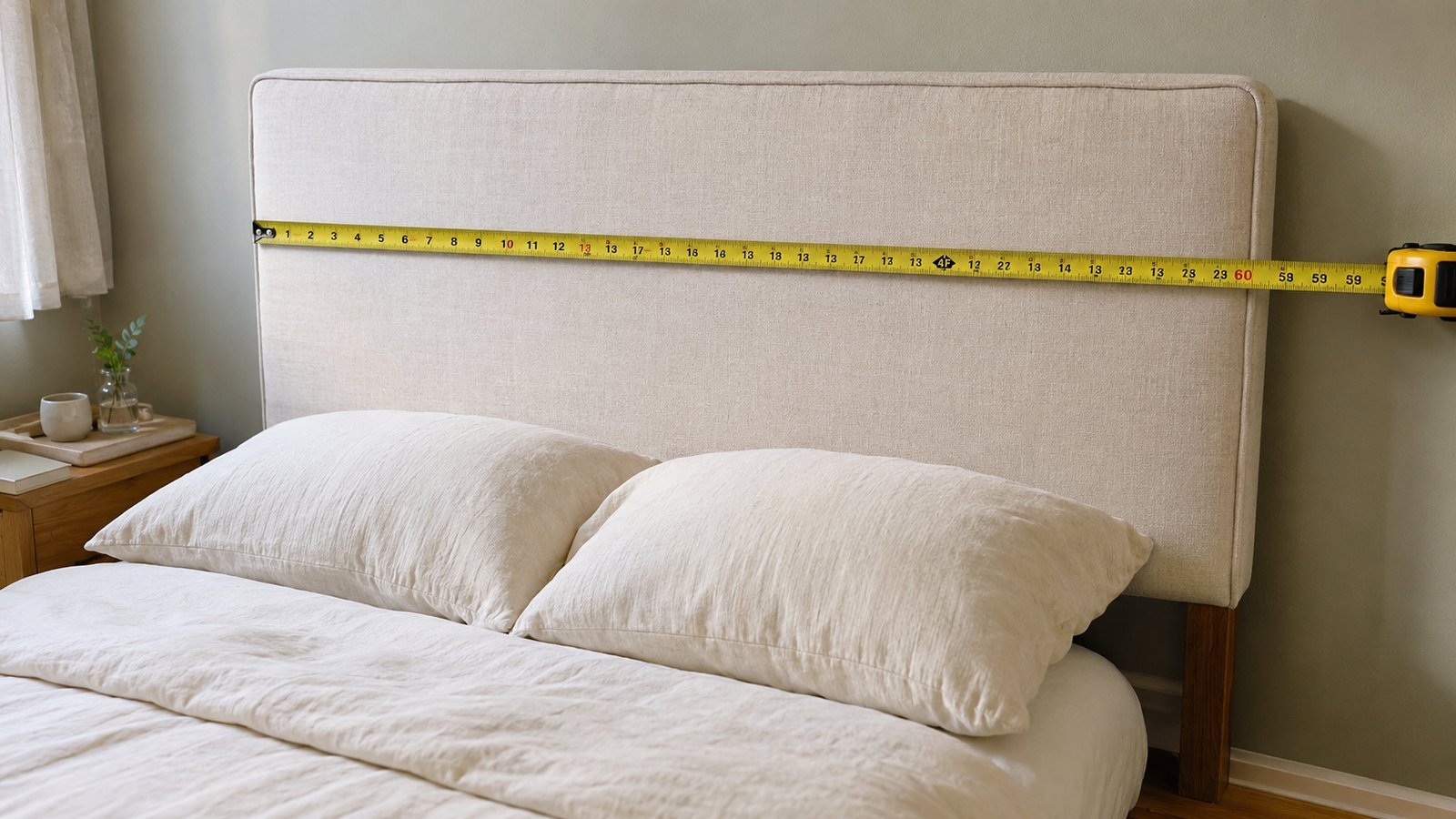 Yellow tape measure across a freestanding headboard rental queen panel showing about 60 in width, cream sage wall with air gap, soft daylight