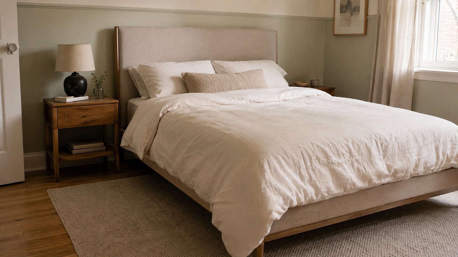 Freestanding headboard rental queen bedroom with a ~60 in wide freestanding panel not bolted to the wall, cream sage walls, wood floor, soft daylight, lived-in