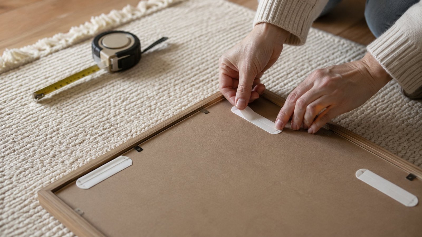 Close view of adhesive picture-hanging strips on a smooth rental wall next to a large frame leaned with museum putty at the top edge, tape measure showing sofa-width math, soft daylight