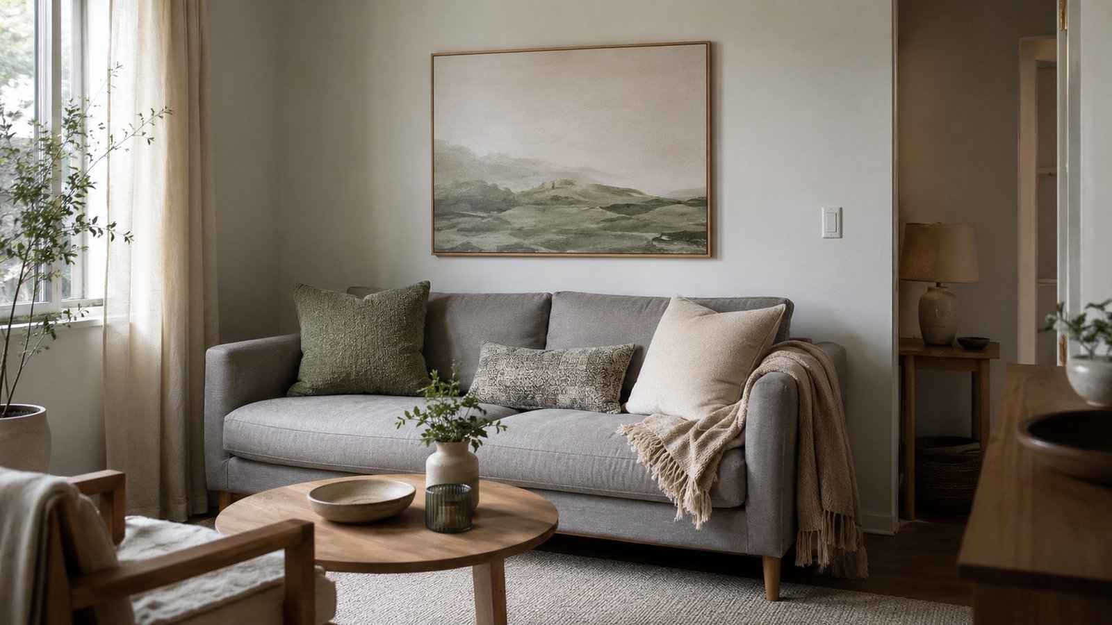 Small rental living room with one large framed art piece hung above a calm sofa at about two-thirds sofa width, soft daylight, cream walls, sage accents, lived-in and quiet