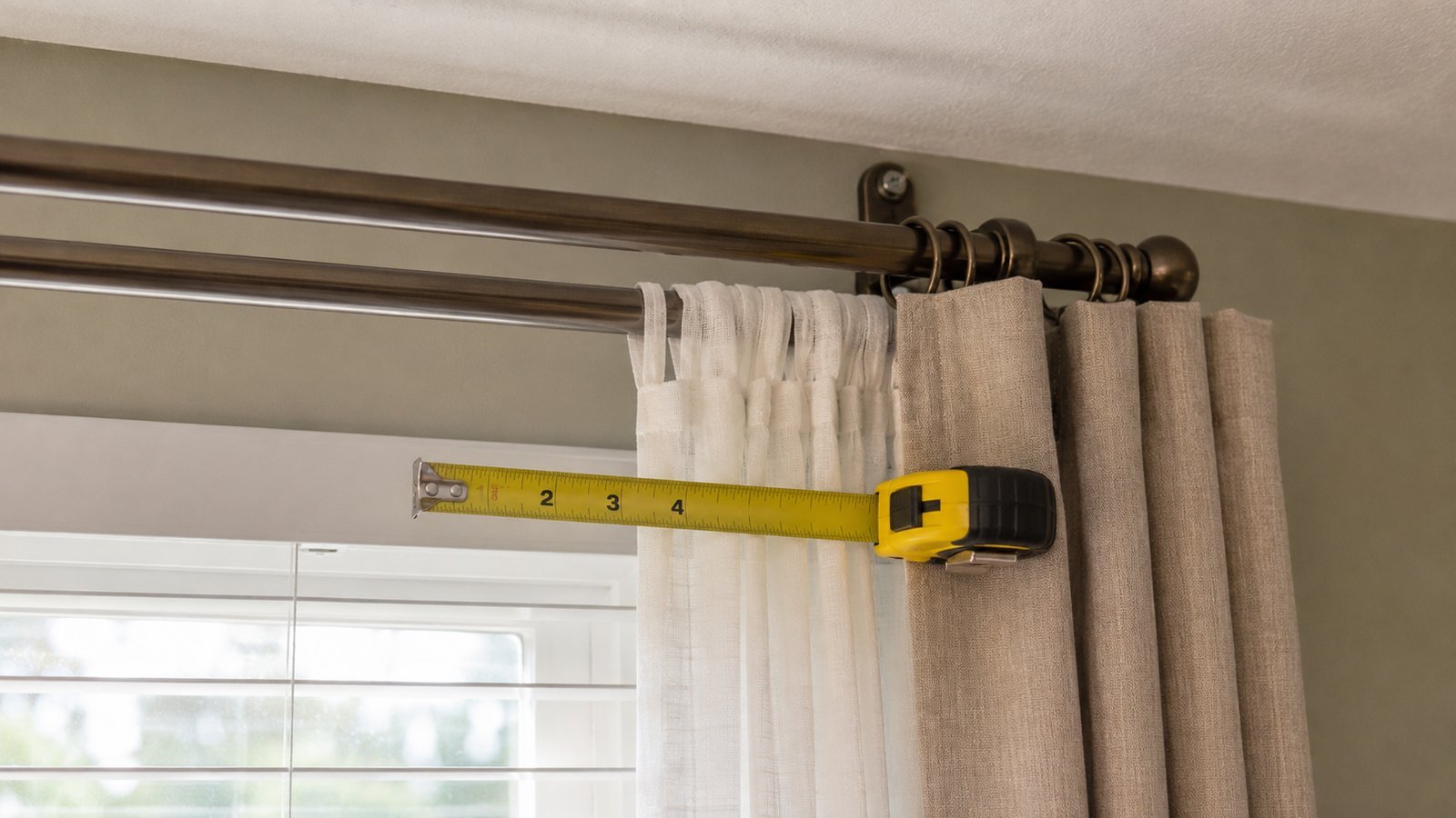 Yellow tape measure showing about 2-4 in (5-10 cm) clearance past a builder blind headrail between the sheer on the inner rod and the blackout on the outer double rod, cream sage wall, soft daylight