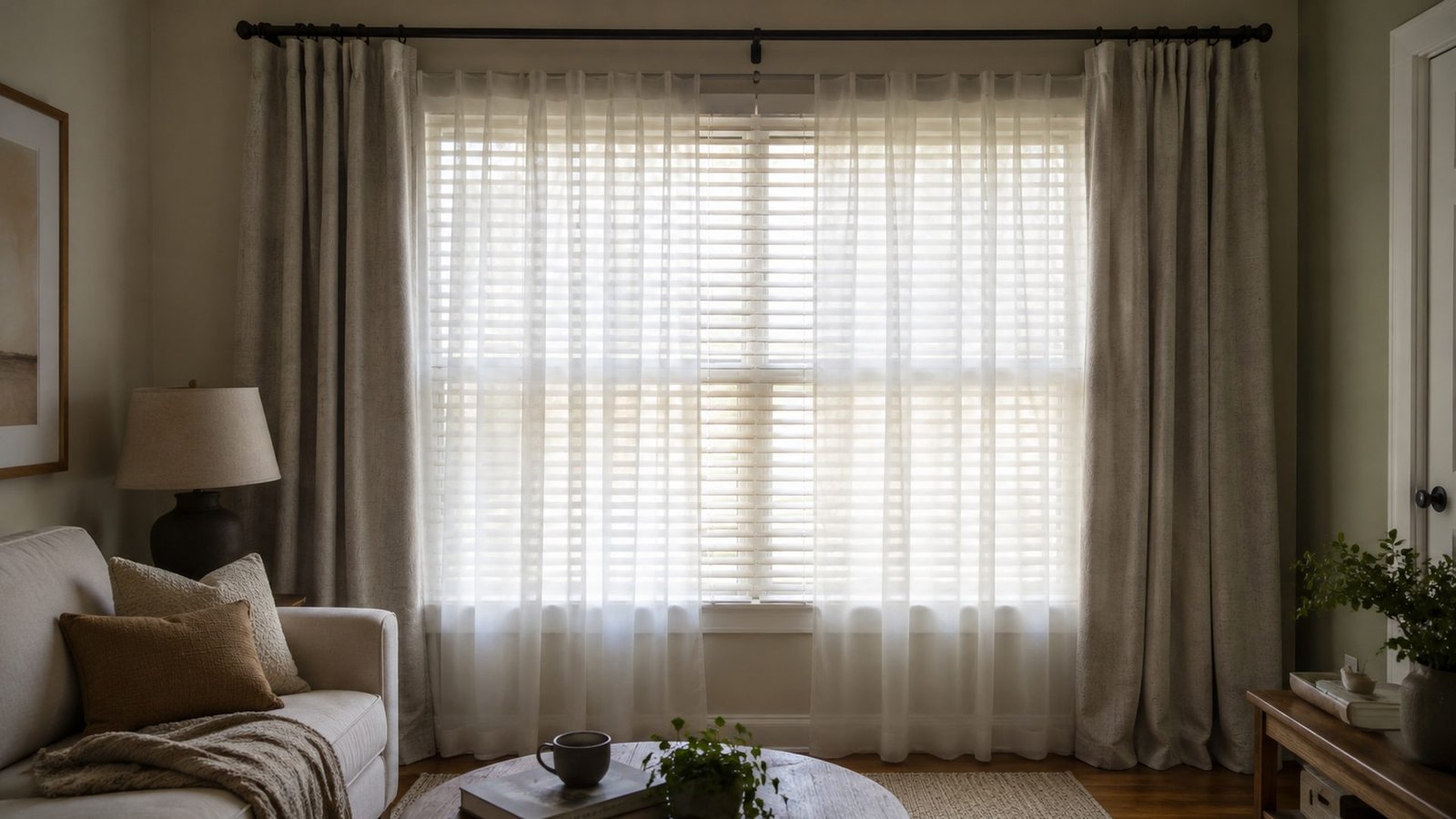 Small rental living room window with builder blinds kept, sheer curtains on the inner rod closest to the glass, cream blackout panels stacked on the outer rod, about 2-4 in clearance past the blind headrail, cream sage walls, wood floor, soft daylight, lived-in