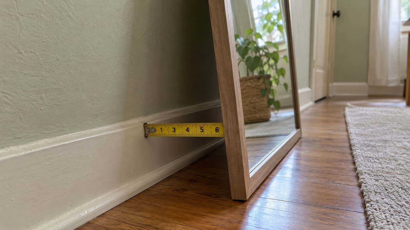Yellow tape measure at a leaning full-length mirror showing about 65–71 in height or a 3–6 in base-from-wall gap, cream sage rental wall, soft daylight
