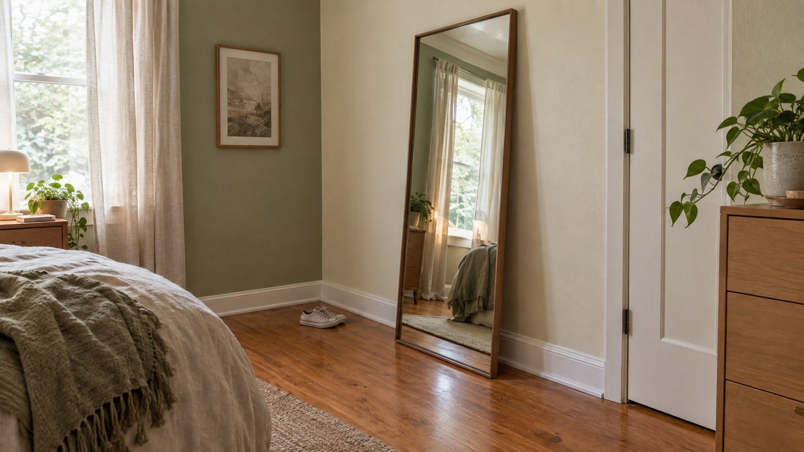 lean full length mirror rental: 65–71 in tall leaning floor mirror with base about 3–6 in from cream sage wall, wood floor, soft daylight, lived-in bedroom