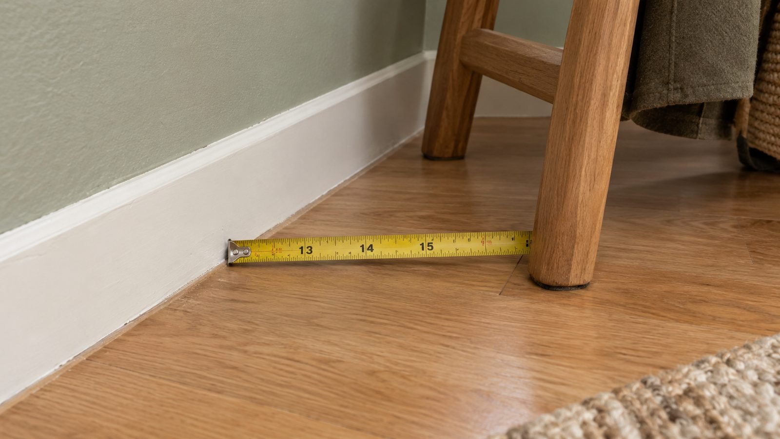 Yellow tape measure showing a leaning coat rack base about 13–15 in out from a cream sage rental entry wall on wood floor, soft daylight