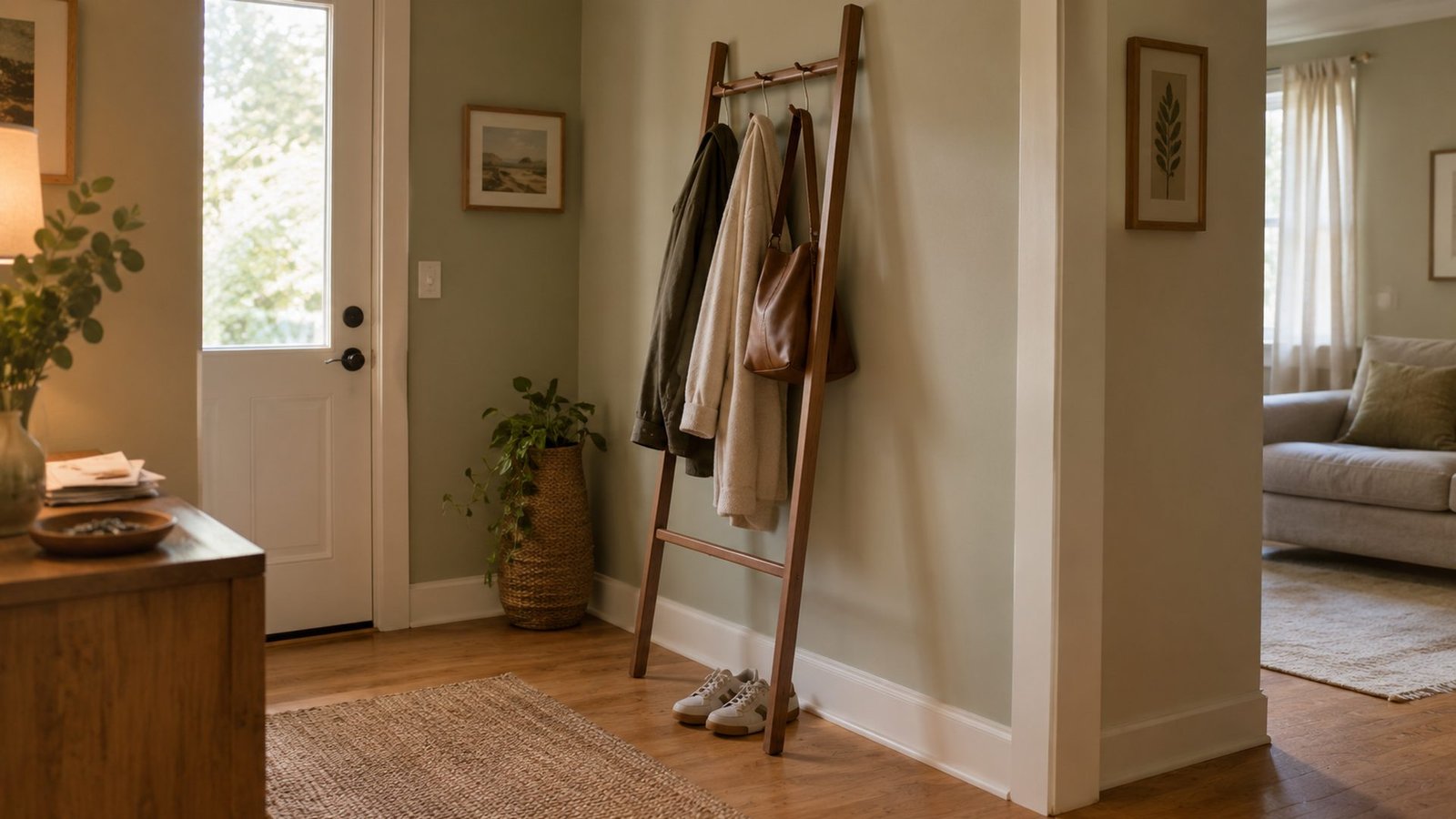 leaning coat rack rental: tall wood and black ladder coat rack leaning with base 13–15 in out from cream sage entry wall, coats and bag on hooks, wood floor, soft daylight, lived-in foyer