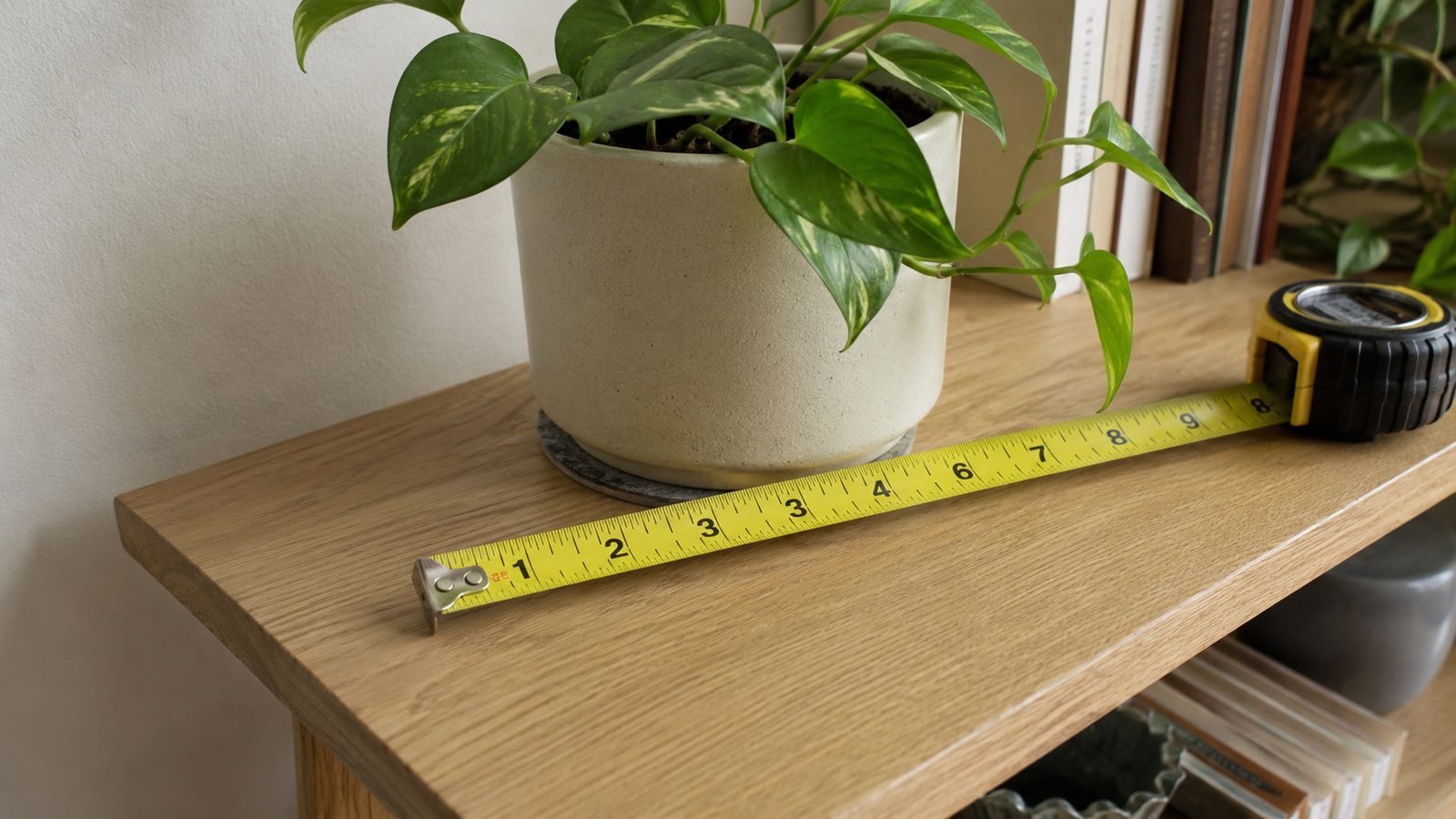Tape measure showing 6 inch pot diameter on an 8 inch deep oak shelf with a small pothos in a ceramic pot, cream rental wall, soft daylight, felt pad under pot
