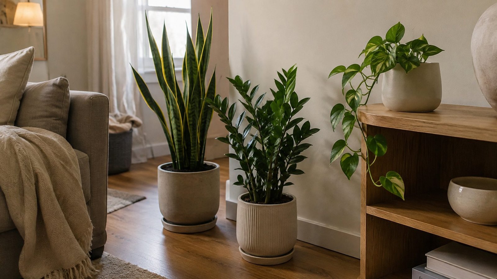 Three low-light plants in a small rental living room corner: tall snake plant and ZZ plant in weighted floor pots, 6 inch pothos pot on an 8 inch oak shelf, cream sage walls, wood floor, soft daylight, no ceiling hooks, lived-in