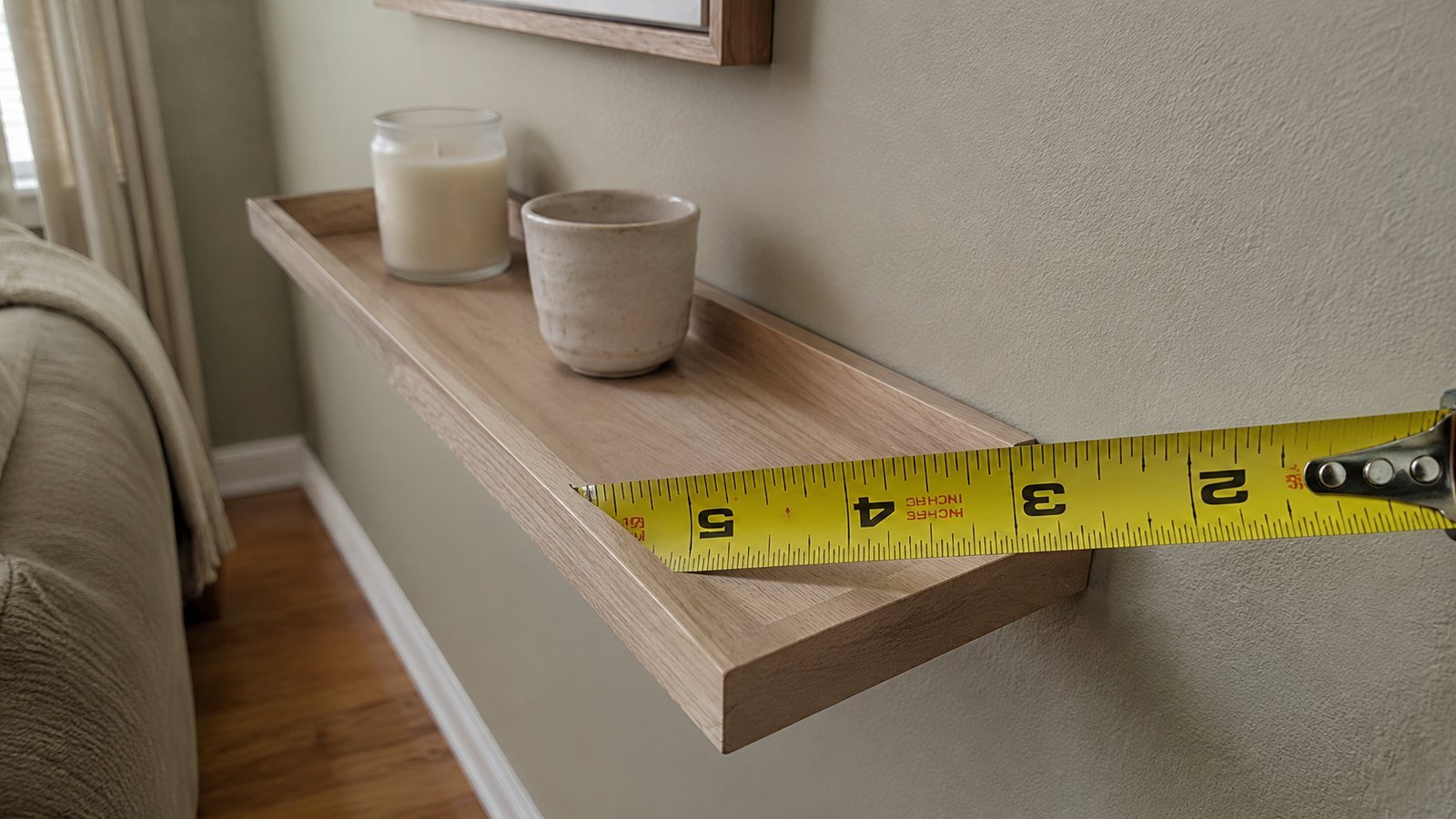 Yellow tape measure on a shallow no-drill adhesive picture ledge about 3-4 in deep holding a candle and small ceramic, cream sage rental wall, soft daylight, light décor under 5 lb