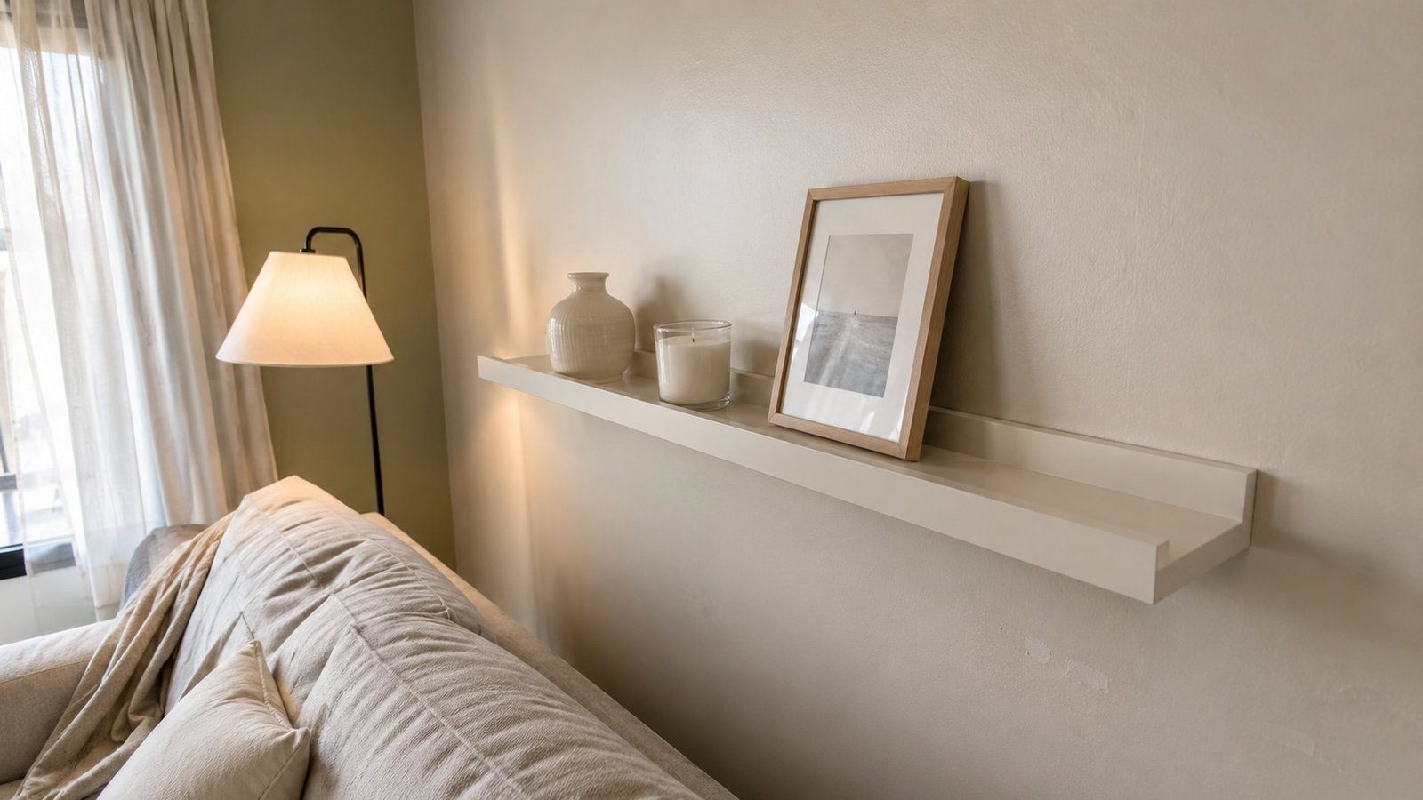 Small rental living room with a shallow no-drill picture ledge about 8-12 in above a sofa back, holding one small frame, a small plant, and an empty tray, cream sage walls, wood floor, soft daylight, lived-in, light décor under 5 lb