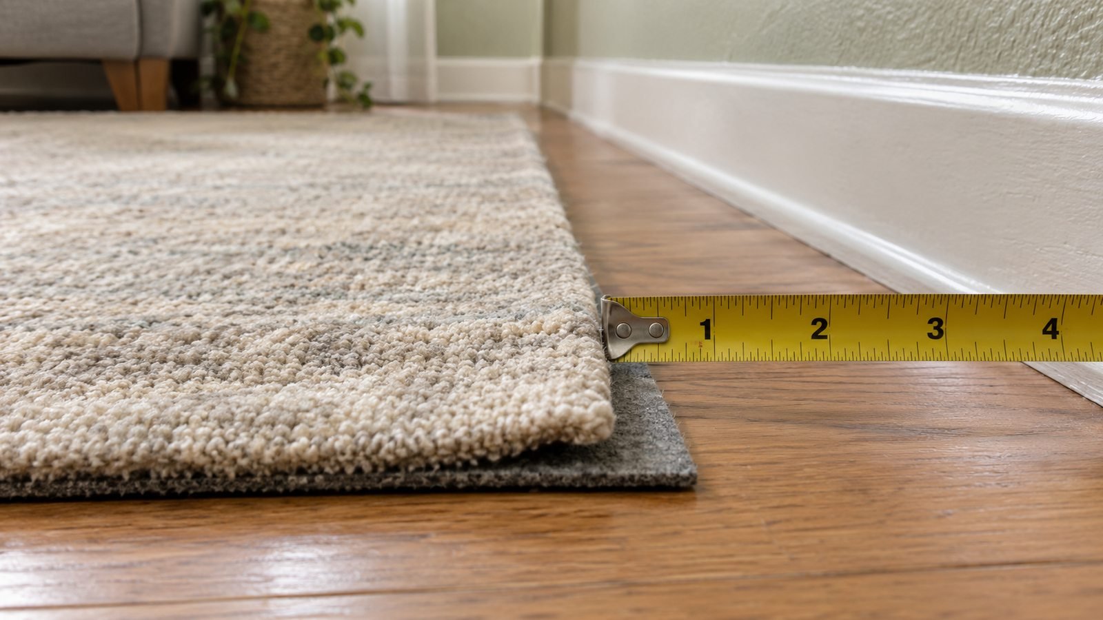 Yellow tape measure showing a rug pad trimmed 1–2 in smaller than the rug edge on hardwood, felt and rubber layers visible, cream sage rental wall, soft daylight