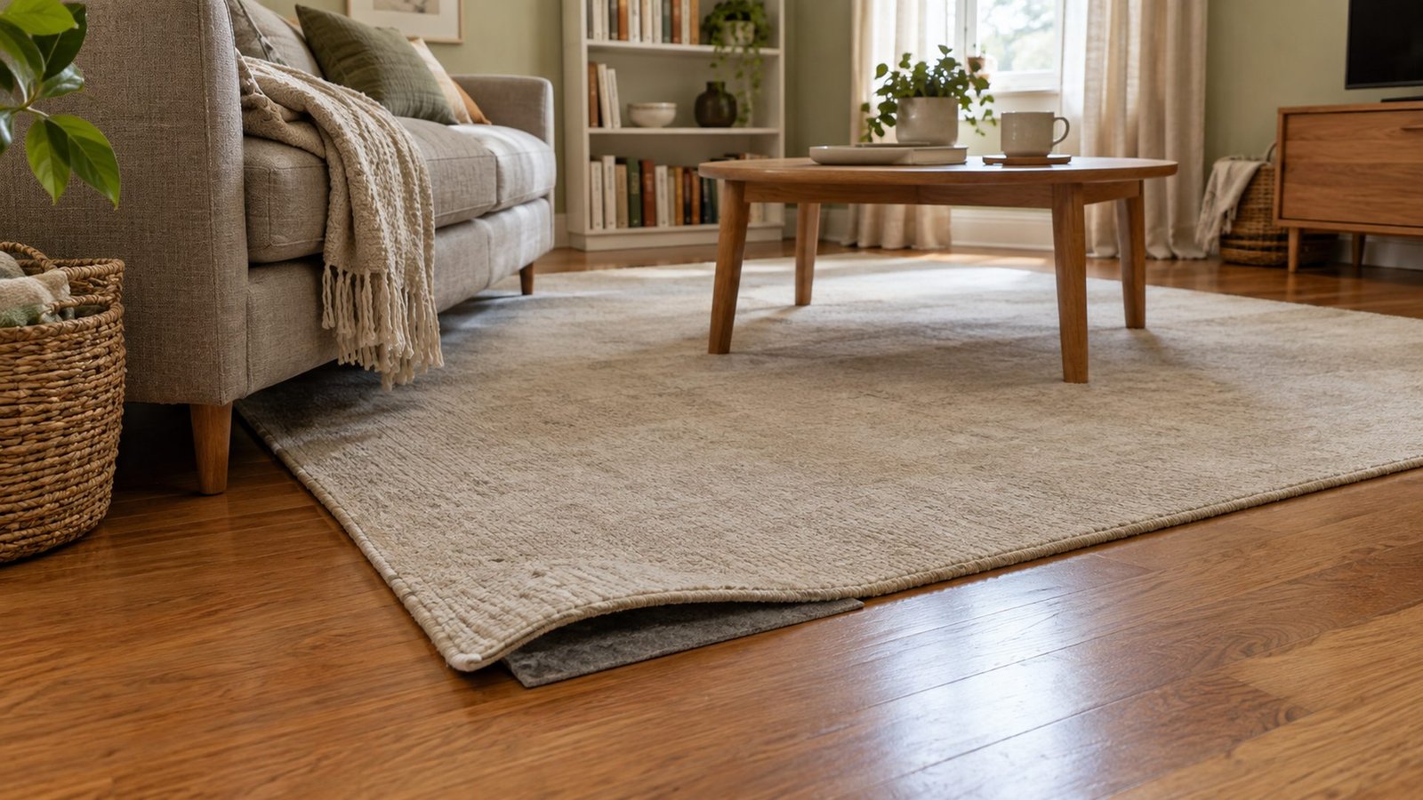 no slip rug pad rental: cream rug on wood floor with felt-rubber pad cut 1–2 in smaller on each side under the edge, warm grey sofa, cream sage walls, soft daylight, lived-in