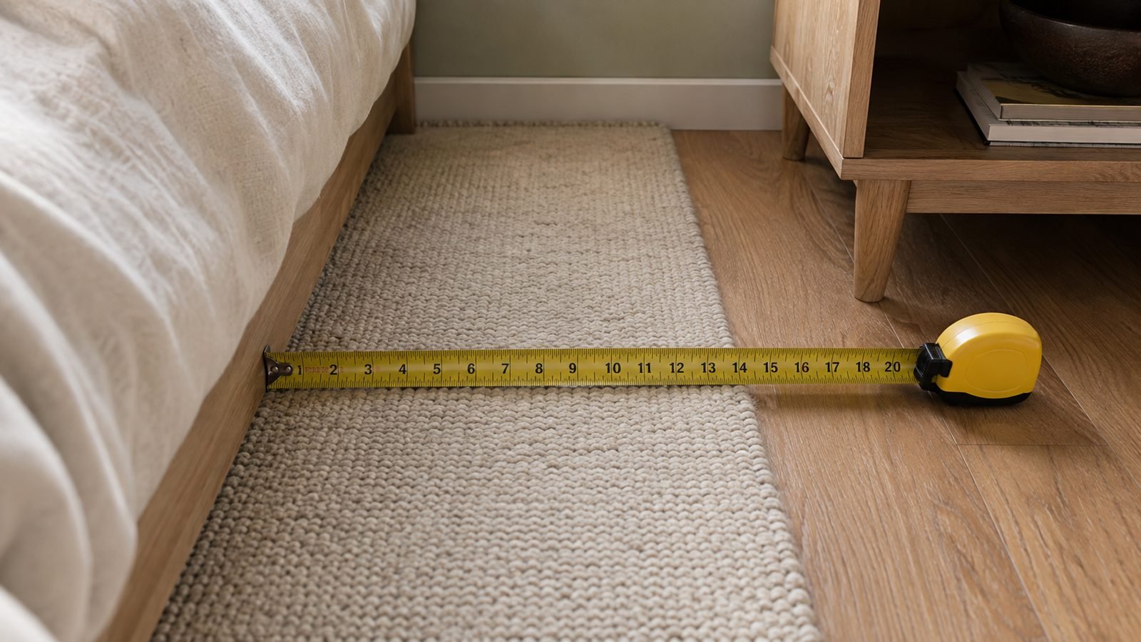Yellow tape measure showing about 18 in of rug beside a queen bed and nightstand edge on an 8×10 area rug, cream sage rental wall, soft daylight