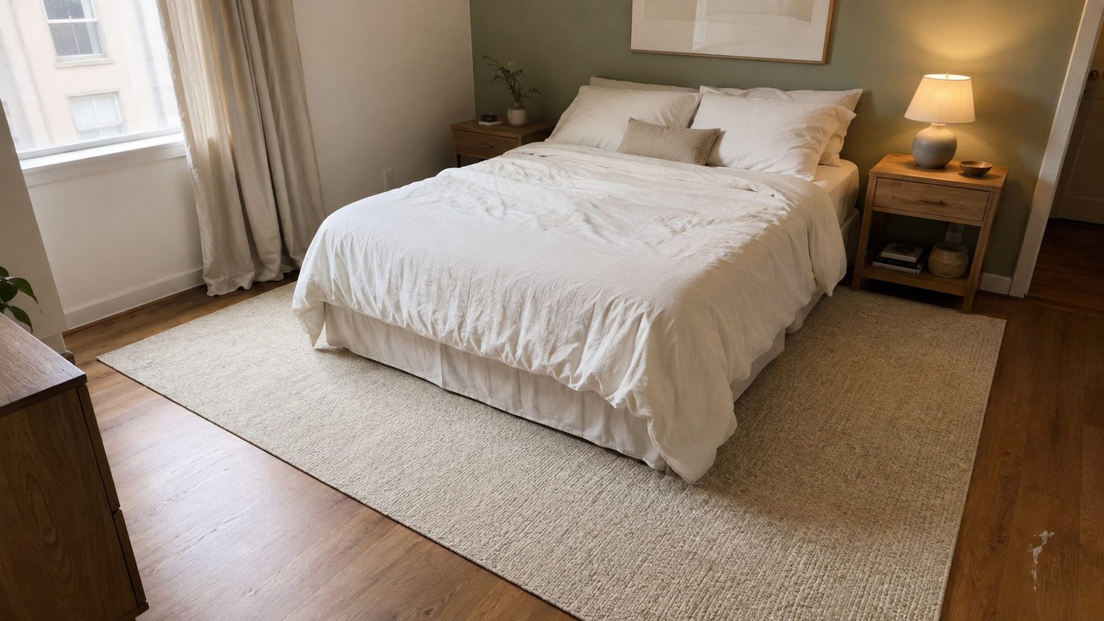 Rug size under queen bed shown with an 8×10 under a queen, about 18 in of rug on each side in a small rental bedroom
