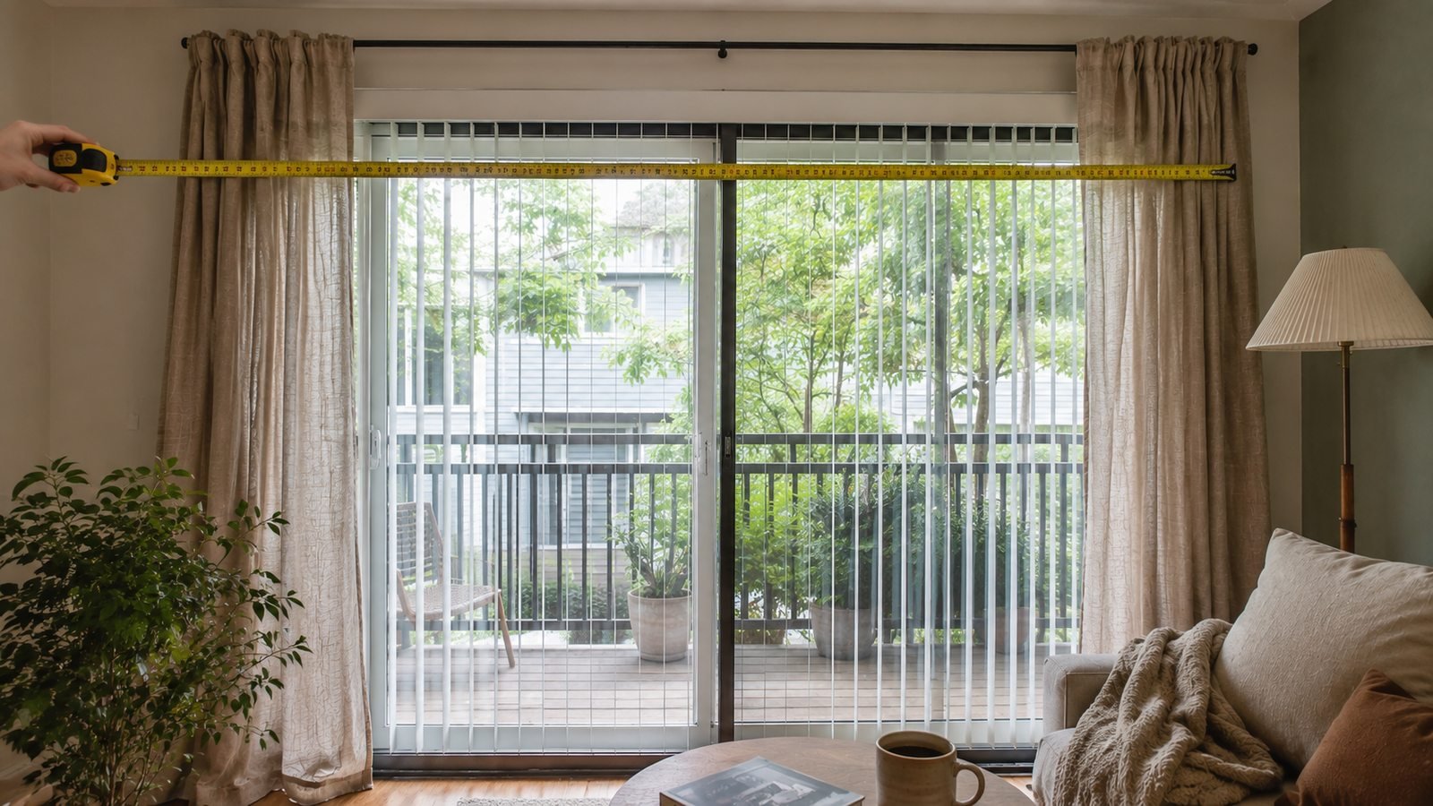 Yellow tape measure across a ~72 in sliding door curtains rental span showing outside-mount rod over builder vertical blinds, cream sage wall, soft daylight
