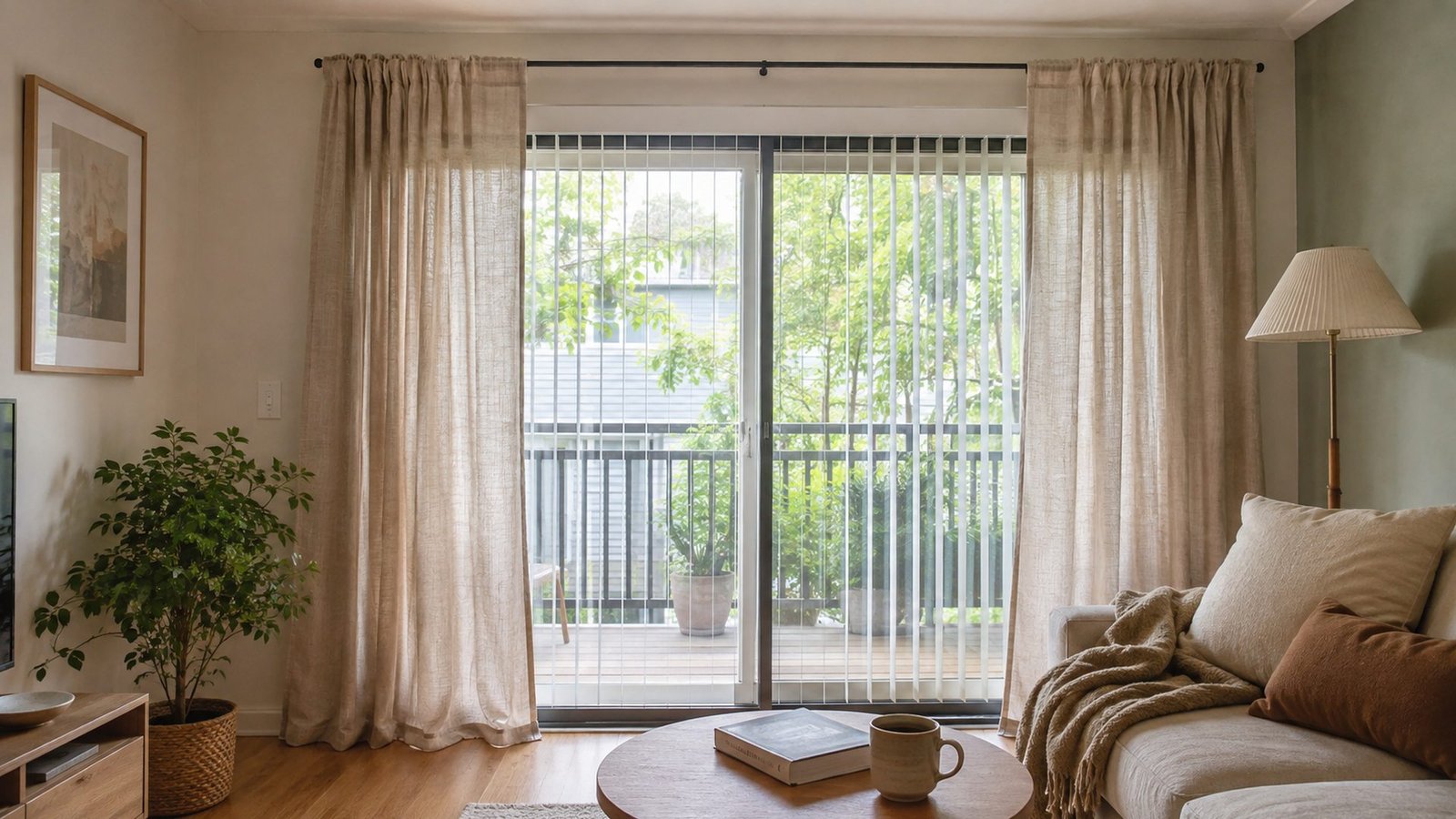 Sliding door curtains rental on a ~72 in patio slider with outside-mount rod covering builder vertical blinds, cream sage walls, wood floor, soft daylight, lived-in