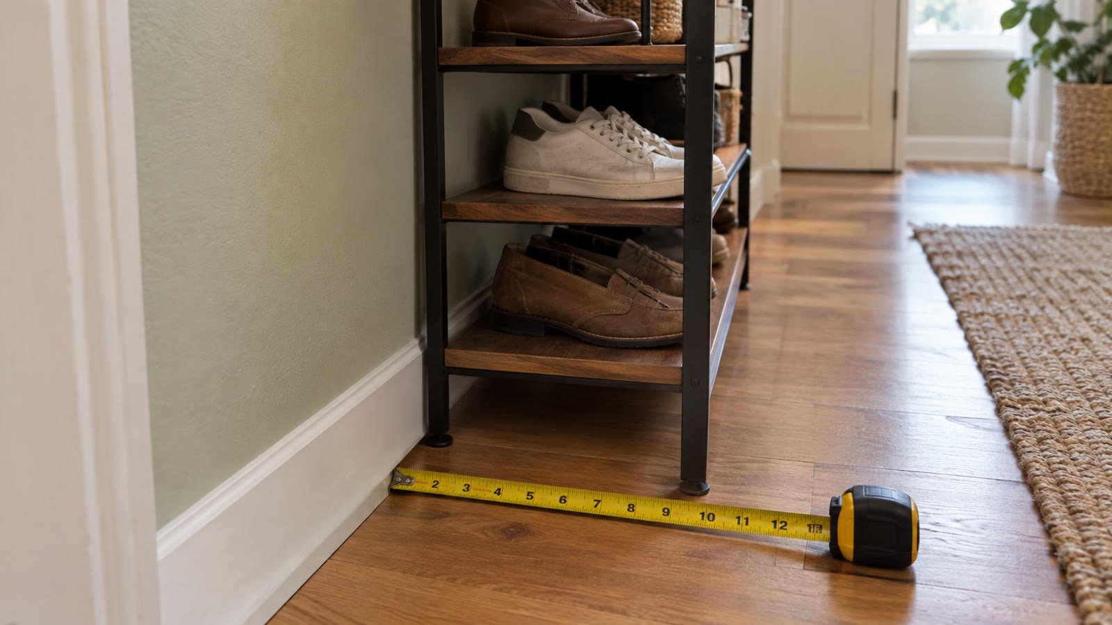 Yellow tape measure showing slim shoe rack rental freestanding depth ≤10–12 in beside a cream sage rental entry wall with clear ≥36 in walkway on wood floor, soft daylight
