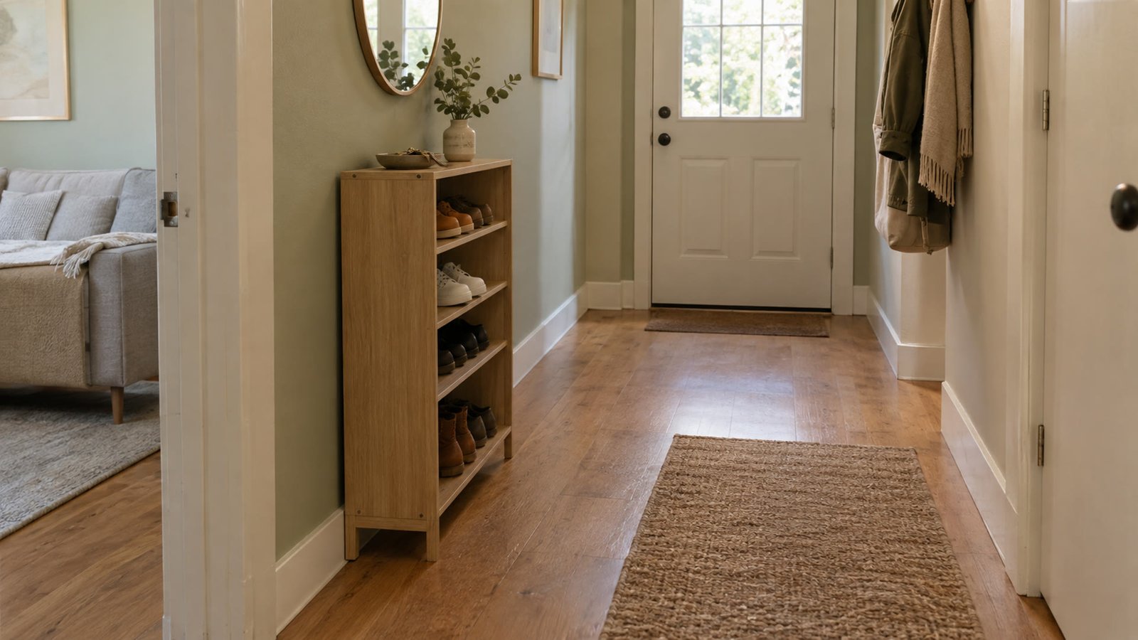 slim shoe rack rental: freestanding slim wood shoe rack ≤10–12 in deep along cream sage rental entry wall with ≥36 in clear walkway, shoes on tiers, wood floor, soft daylight, lived-in foyer