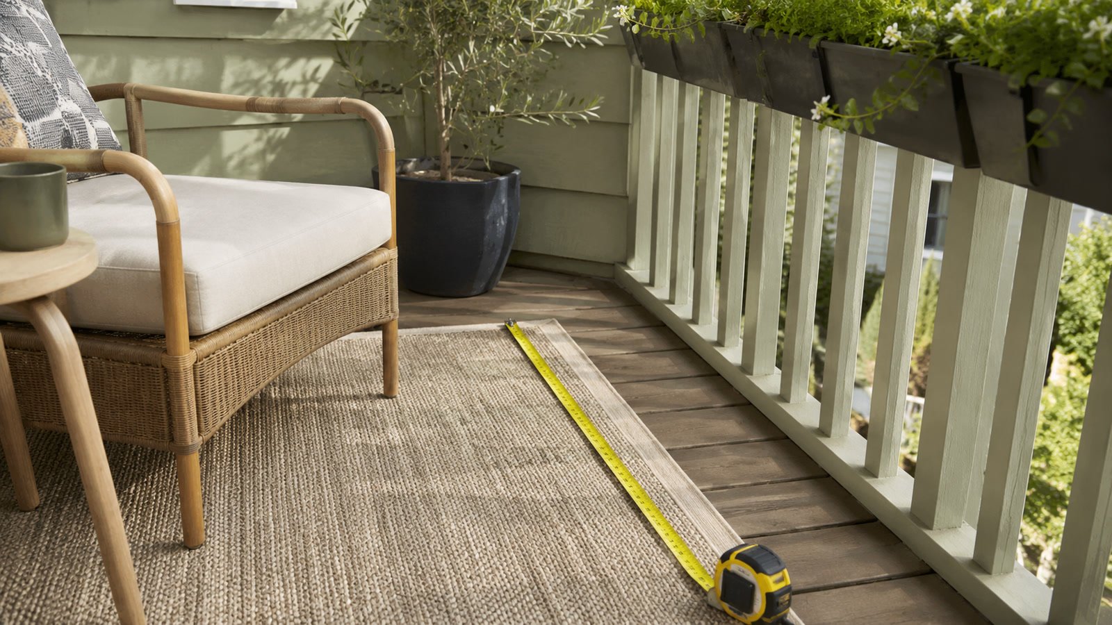 Yellow tape measure on a small rental balcony deck showing about 4 ft and 6 ft usable span beside a chair leg, 6 in rug inset from the deck edge, and a clamp-on rail planter on the top rail, soft daylight
